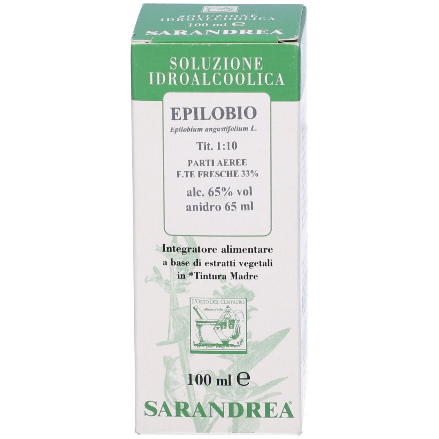 Scatola blu con testo: Epilobio, soluzione idroalcolica, Sarandrea.