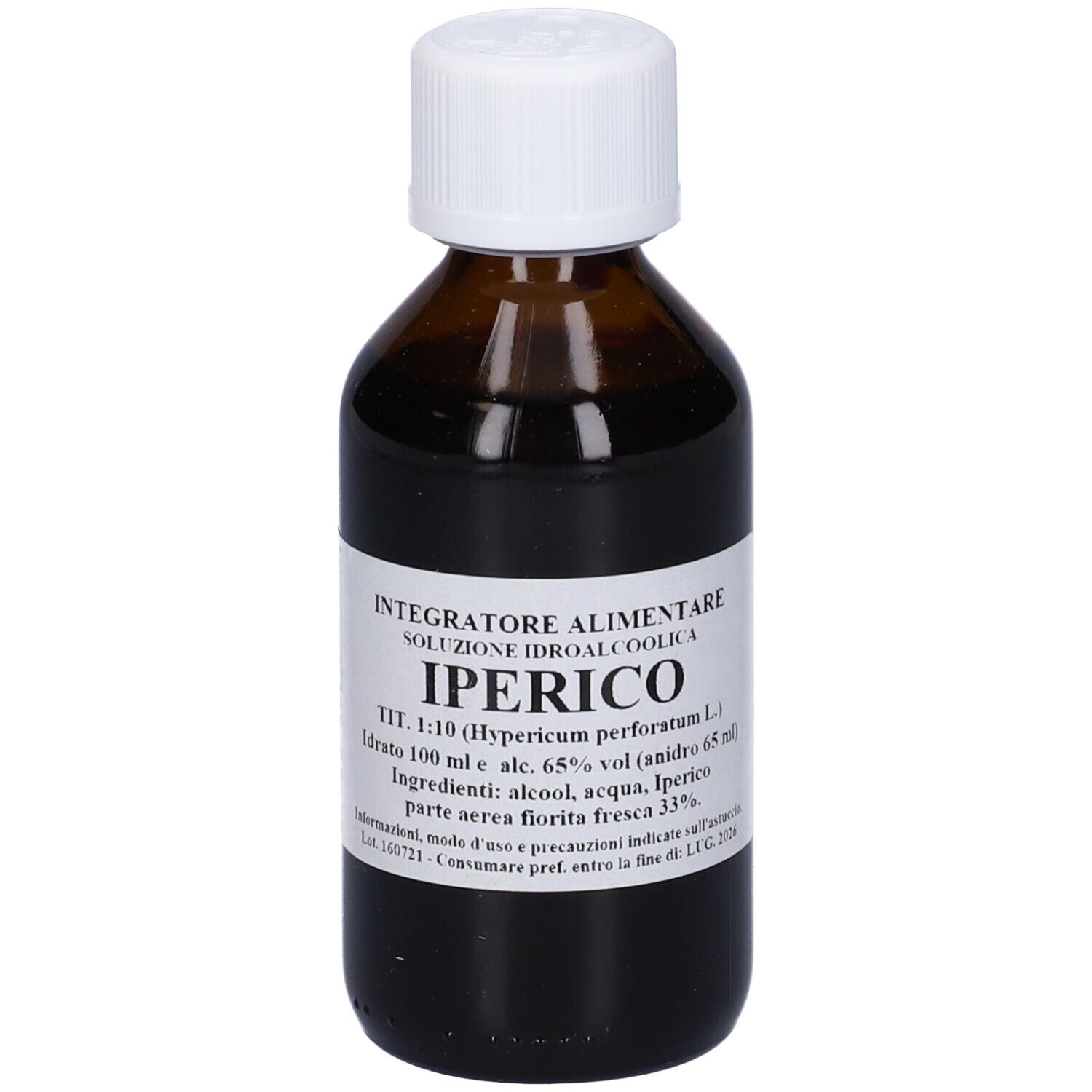 Flacone di vetro marrone con tappo bianco. Etichetta con testo: Iperico, soluzione, ingredienti. Flacone in posizione verticale.