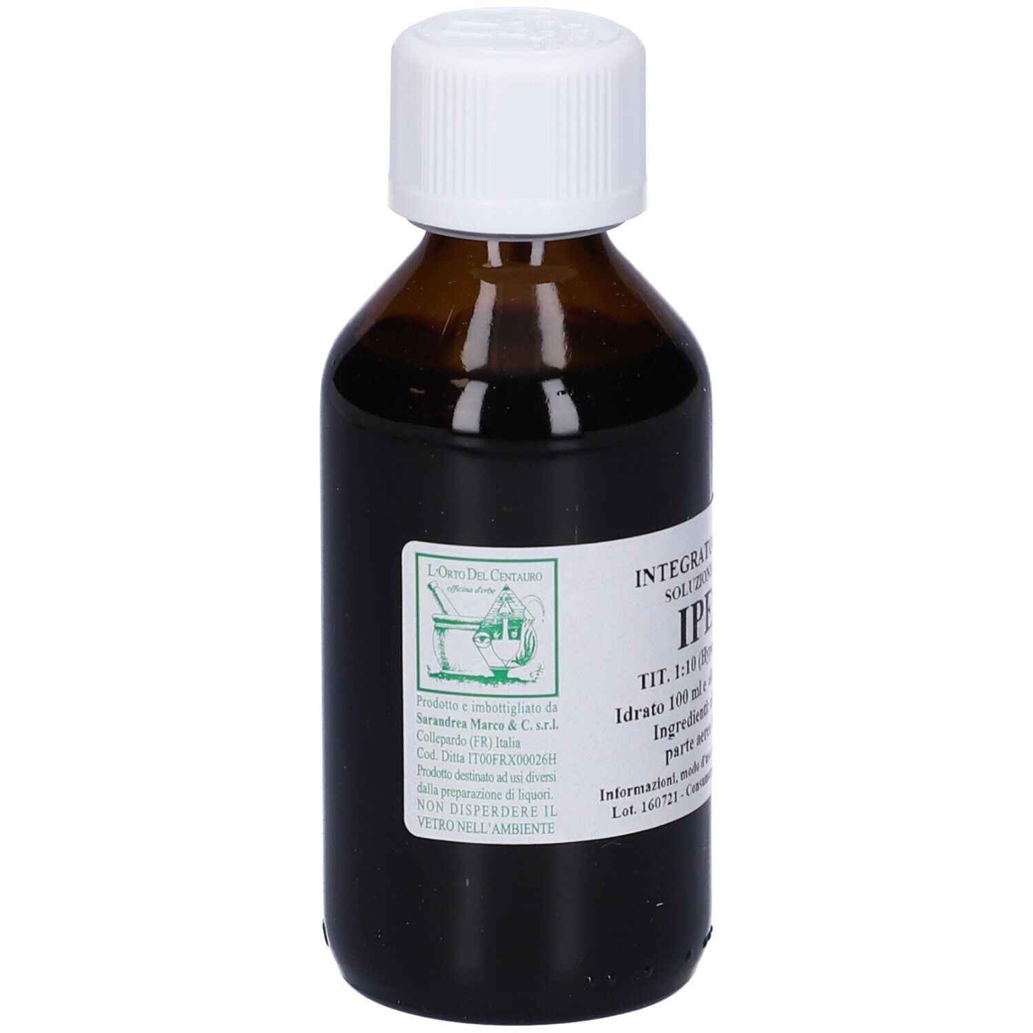 Flacone di vetro marrone con tappo bianco. Etichetta con testo: Iperico, soluzione, ingredienti. Flacone in posizione verticale.