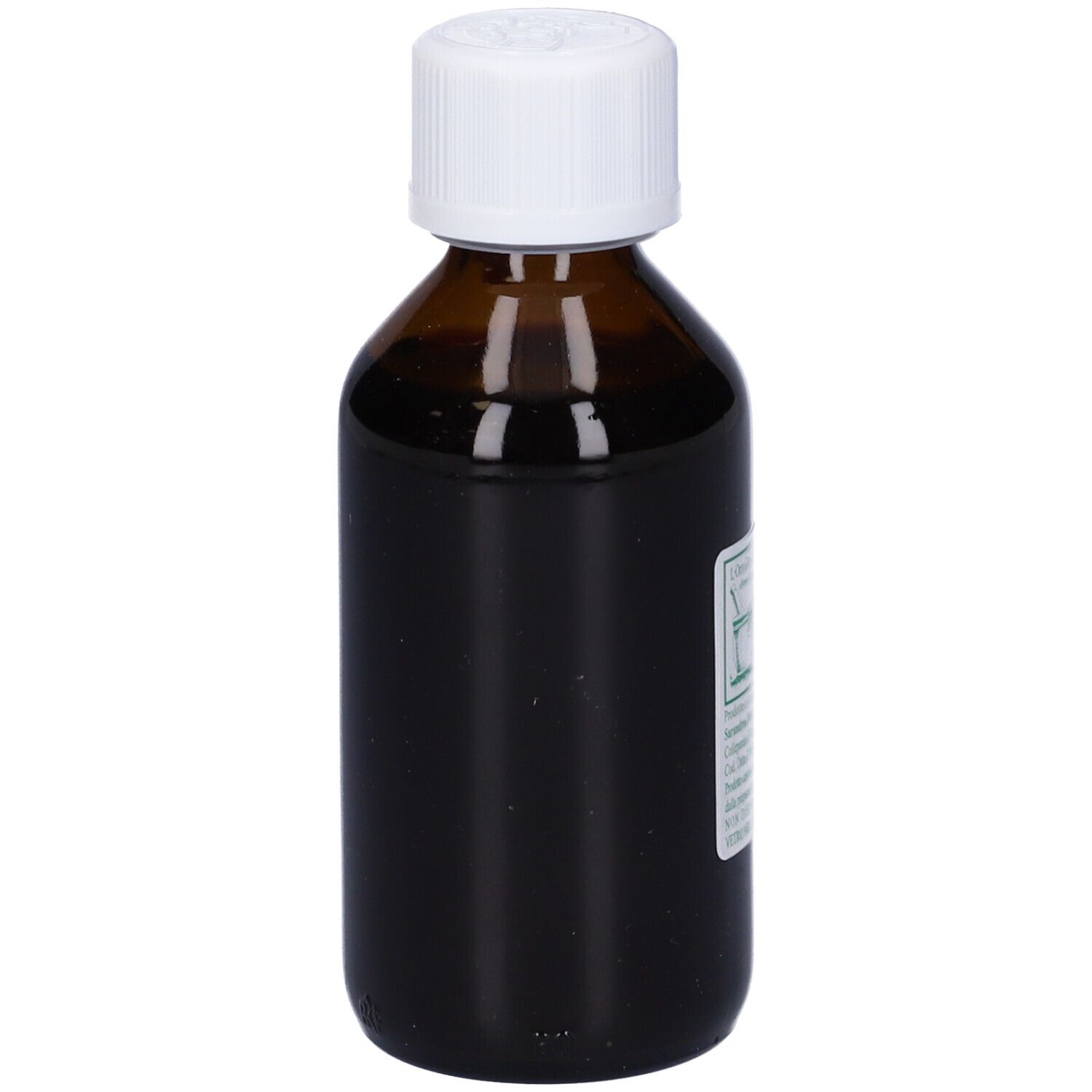 Flacone di vetro marrone con tappo bianco. Etichetta con testo: Iperico, soluzione, ingredienti. Flacone in posizione verticale.