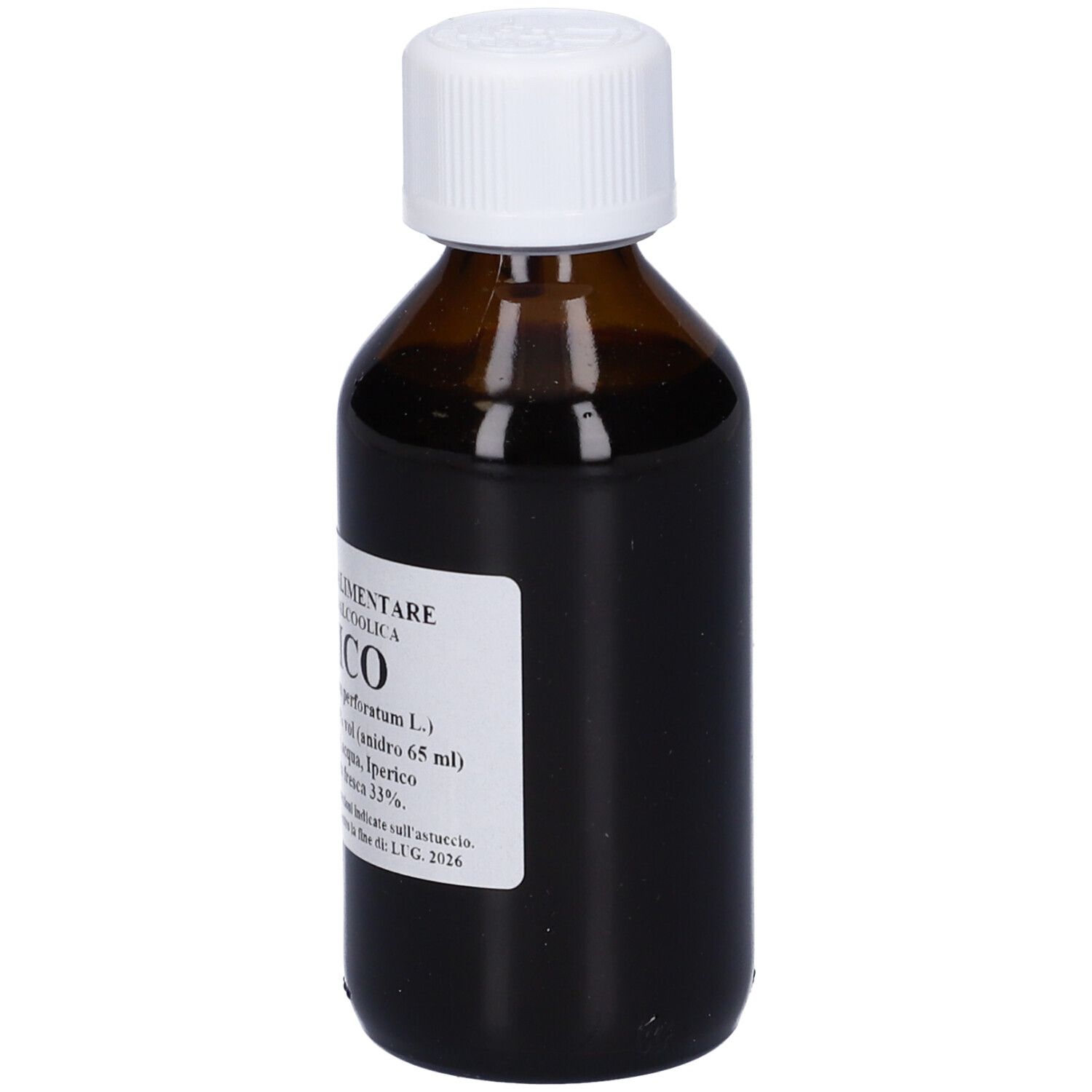 Flacone di vetro marrone con tappo bianco. Etichetta con testo: Iperico, soluzione, ingredienti. Flacone in posizione verticale.