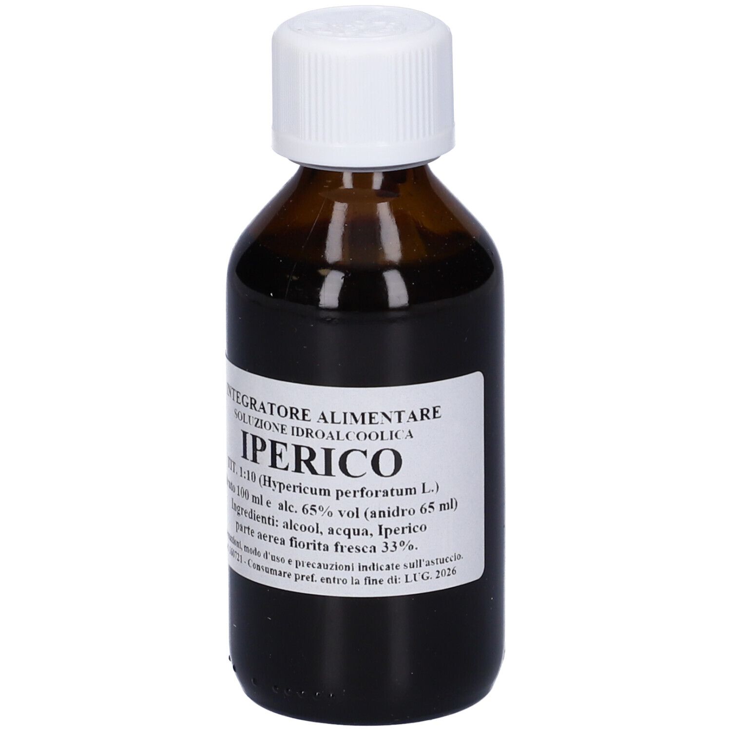 Flacone di vetro marrone con tappo bianco. Etichetta con testo: Iperico, soluzione, ingredienti. Flacone in posizione verticale.