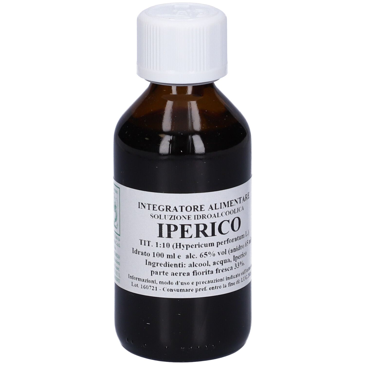 Flacone di vetro marrone con tappo bianco. Etichetta con testo: Iperico, soluzione, ingredienti. Flacone in posizione verticale.
