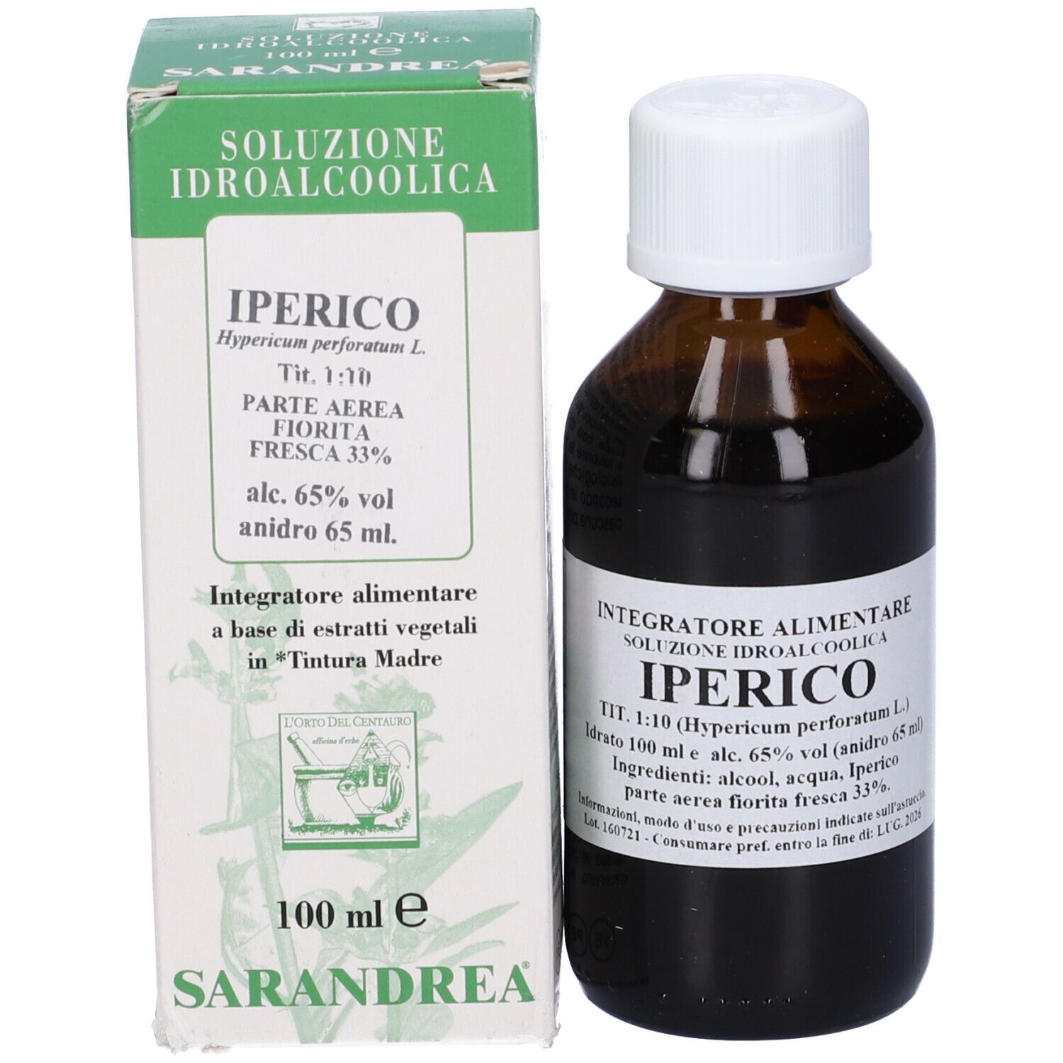 Flacone di vetro marrone con tappo bianco e scatola. Scatola con testo: Iperico, soluzione, ingredienti. Flacone e scatola in piedi.