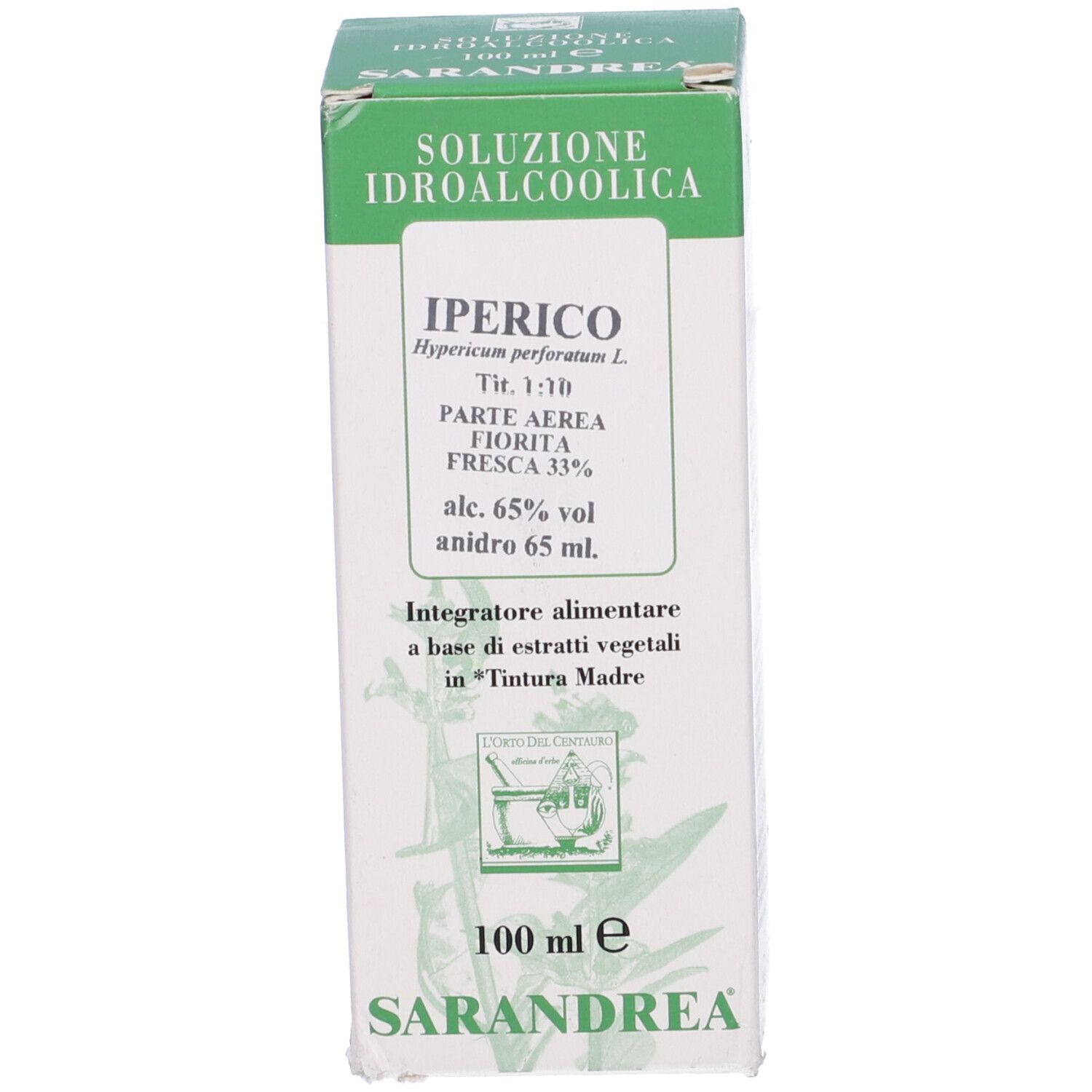 Scatola con testo: Iperico, soluzione, ingredienti. Confezione verde e bianca. In posizione verticale.