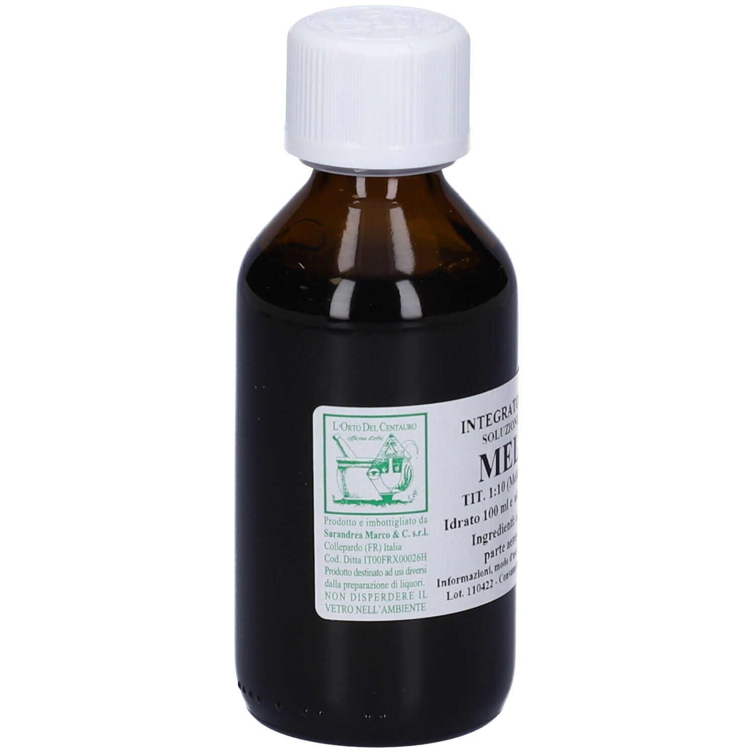 Flacone di vetro marrone con tappo bianco. Etichetta con testo. Liquido all'interno.