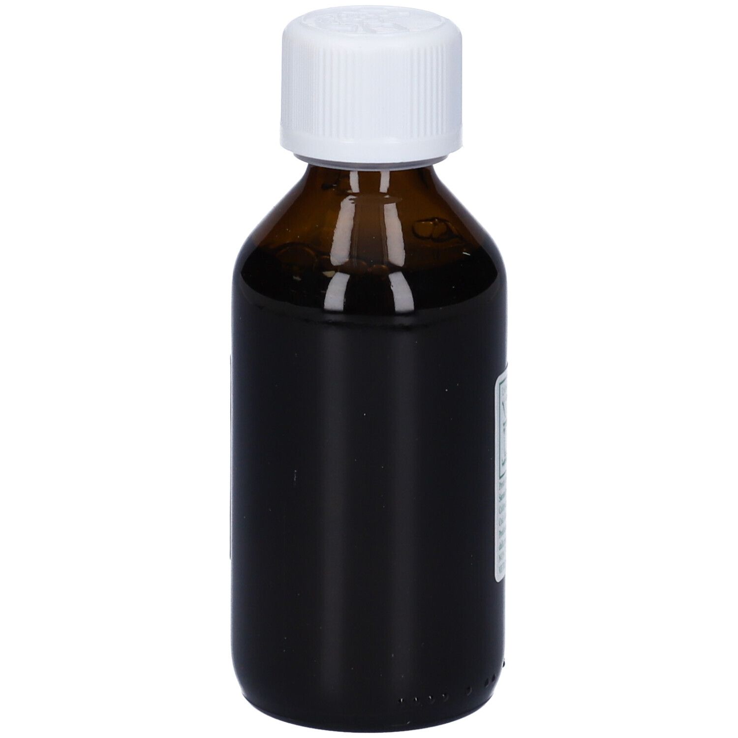 Flacone di vetro marrone con tappo bianco. Liquido all'interno. Etichetta con testo.