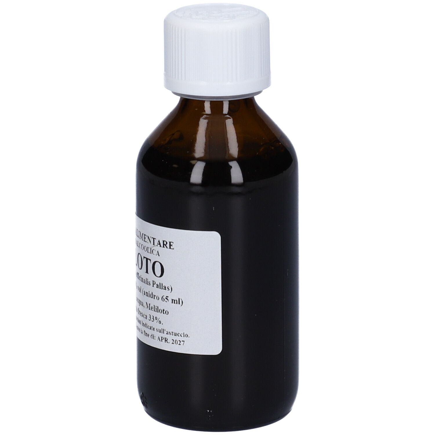 Flacone di vetro marrone con tappo bianco. Etichetta con testo. Liquido all'interno.