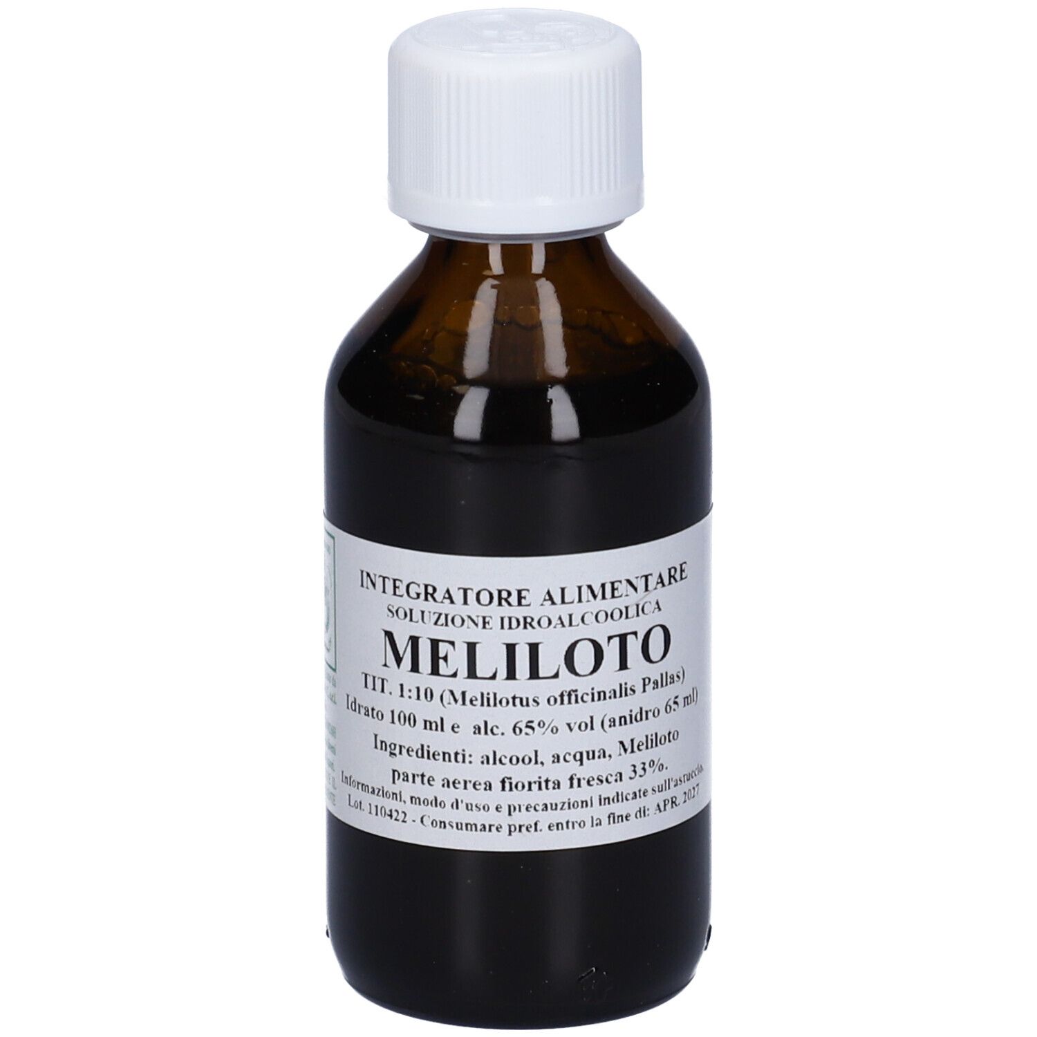Flacone di vetro marrone con tappo bianco. Etichetta con testo. Liquido all'interno.