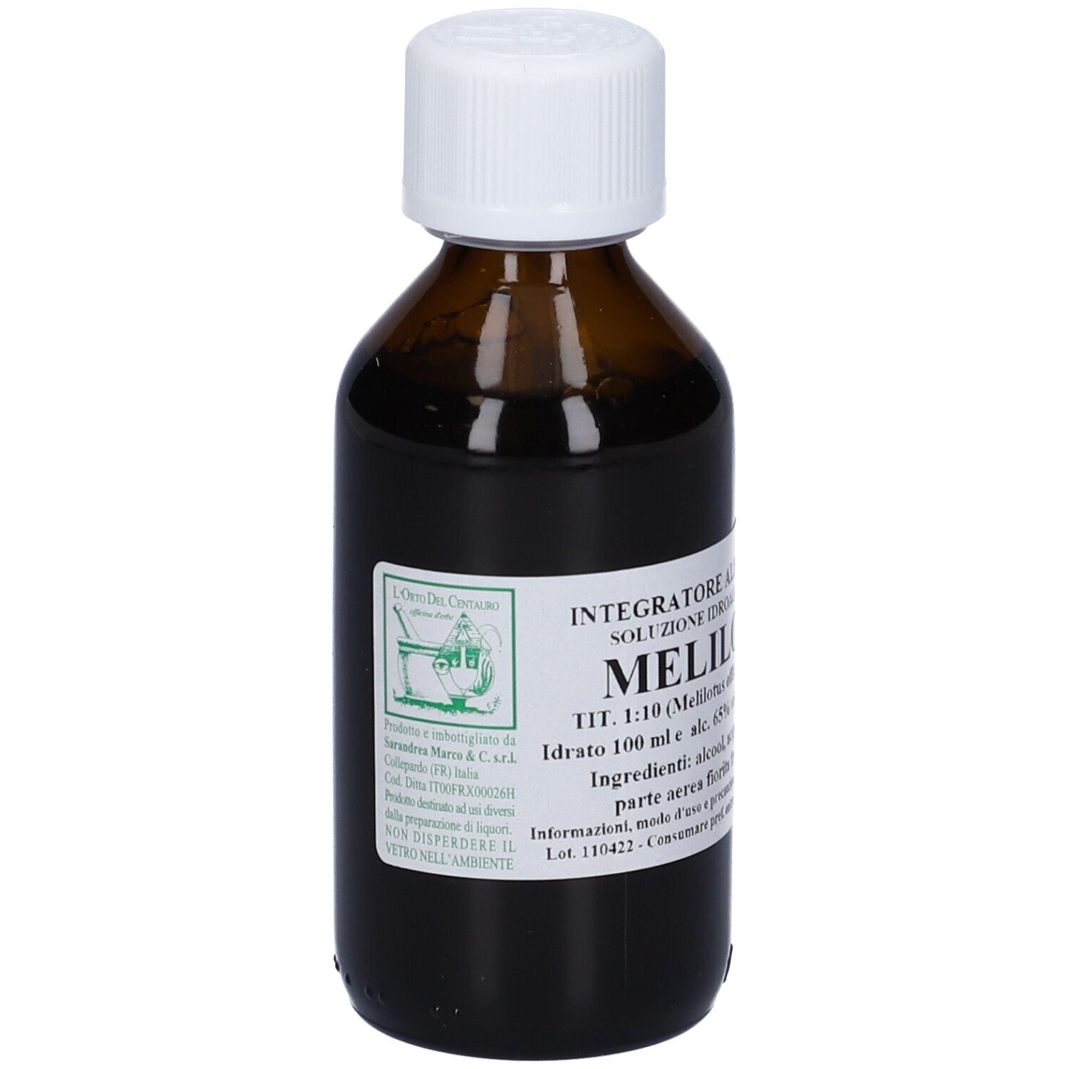 Flacone di vetro marrone con tappo bianco. Etichetta con testo. Liquido all'interno.