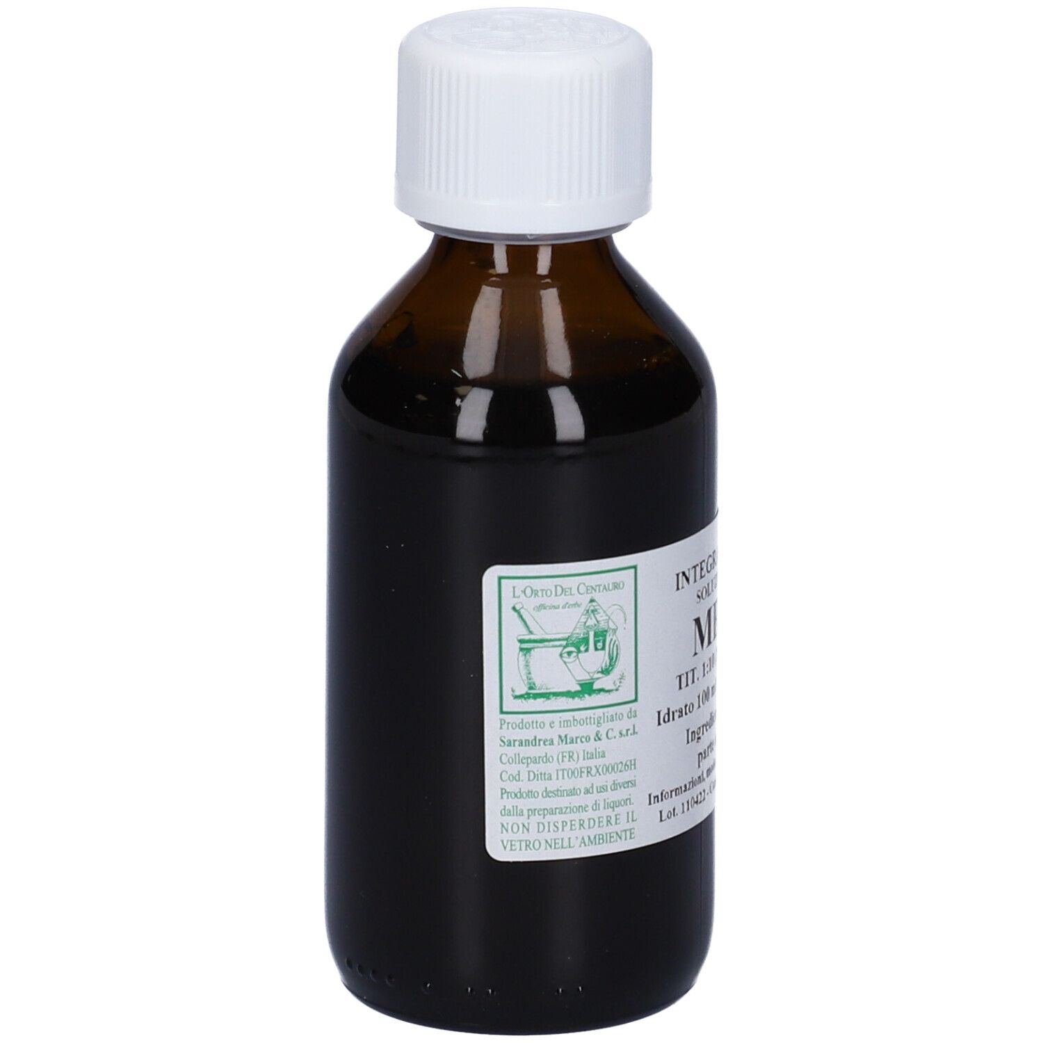 Flacone di vetro marrone con tappo bianco. Etichetta con testo. Liquido all'interno.