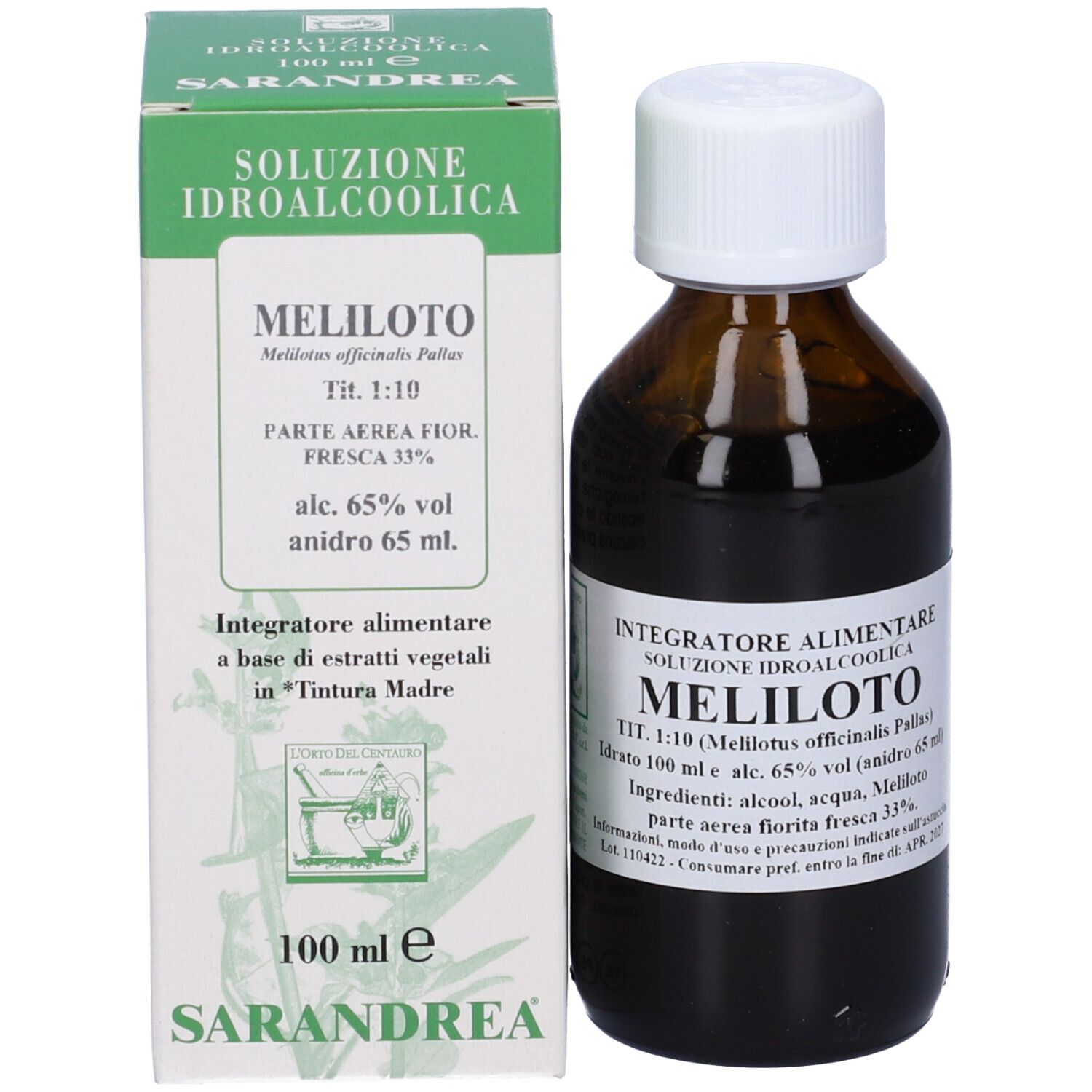 Flacone di vetro marrone con tappo bianco e scatola. Etichetta e scatola con testo.