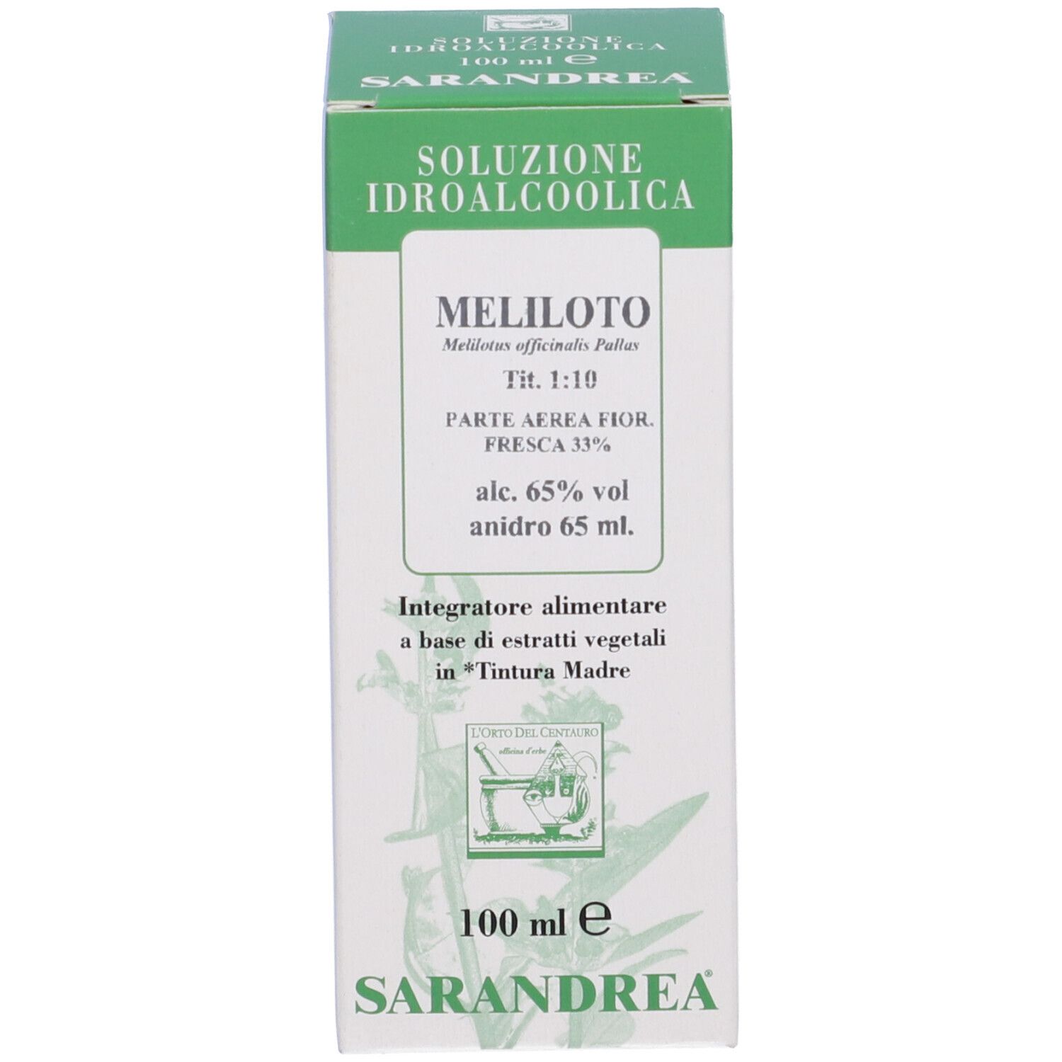 Scatola con testo e illustrazione. Scritta: Soluzione Idroalcolica Meliloto.