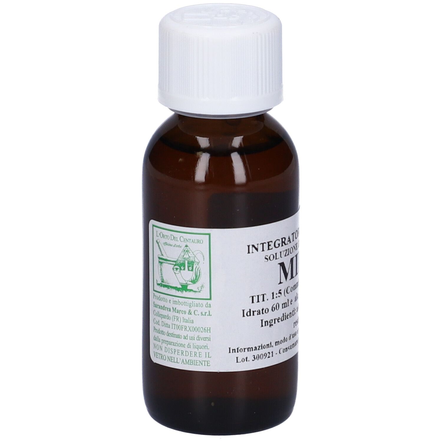 Flacone di vetro marrone con tappo bianco. L'etichetta riporta 'Integratore Soluzione Mirra'.