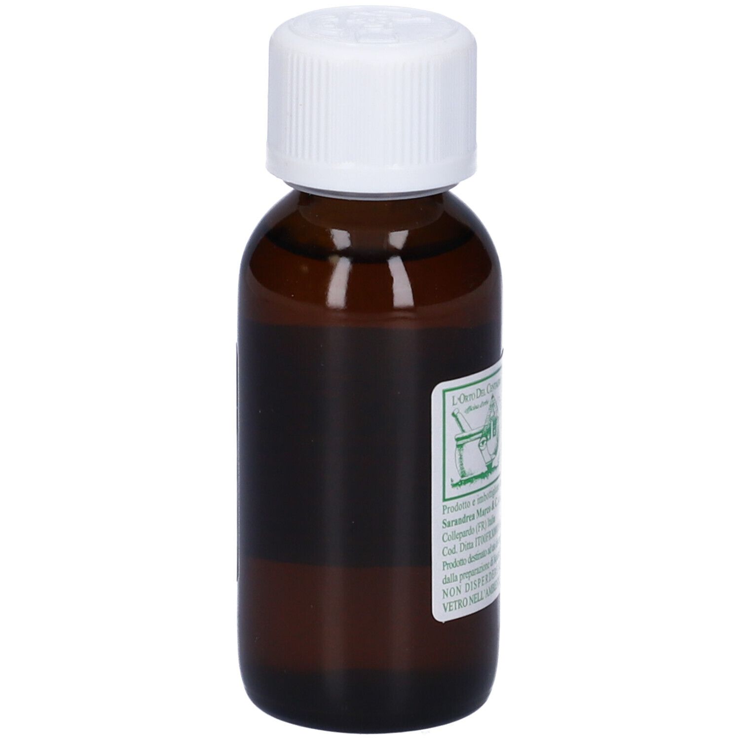 Flacone di vetro marrone con tappo bianco. L'etichetta riporta 'Integratore Soluzione Mirra'.