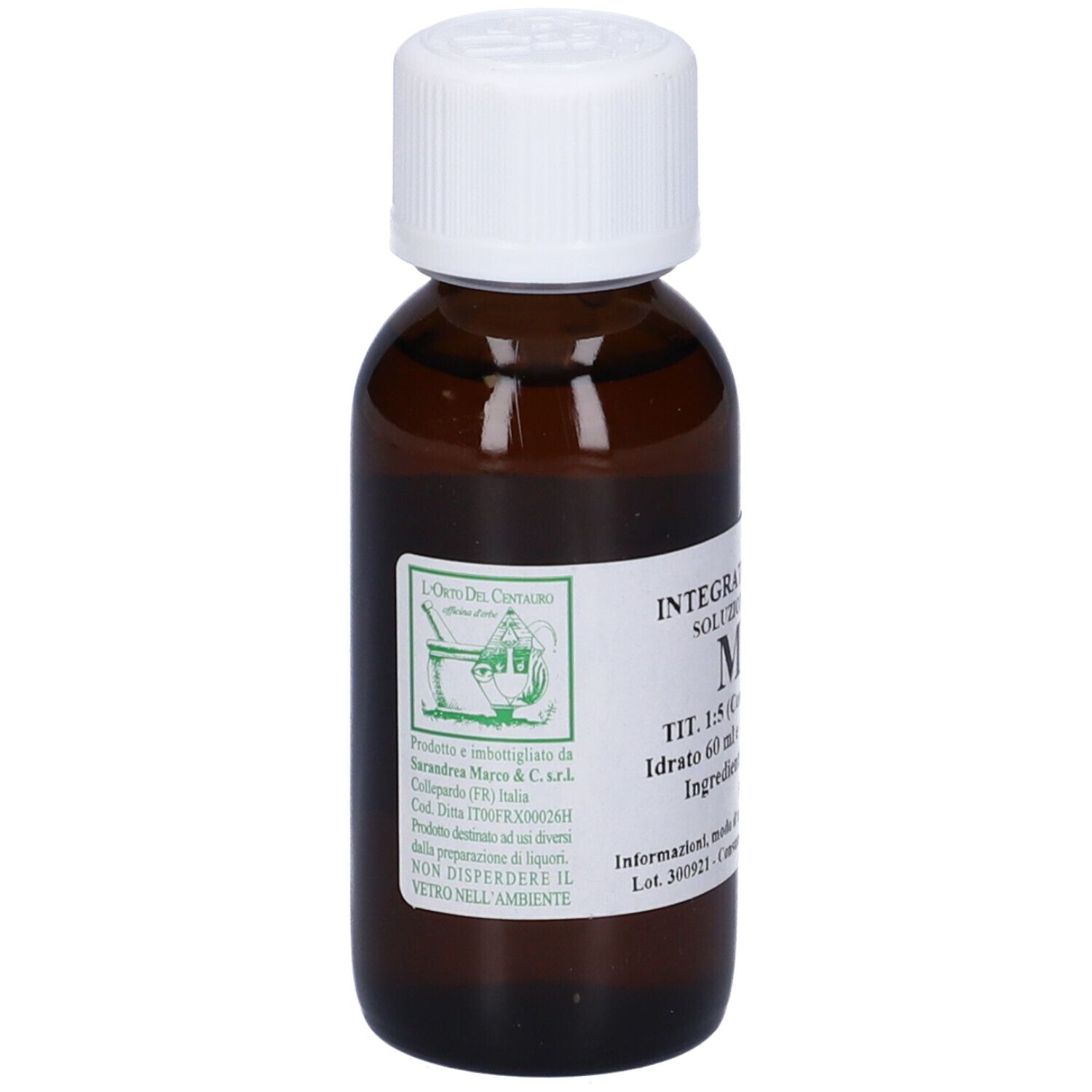 Flacone di vetro marrone con tappo bianco. L'etichetta riporta 'Integratore Soluzione Mirra'.