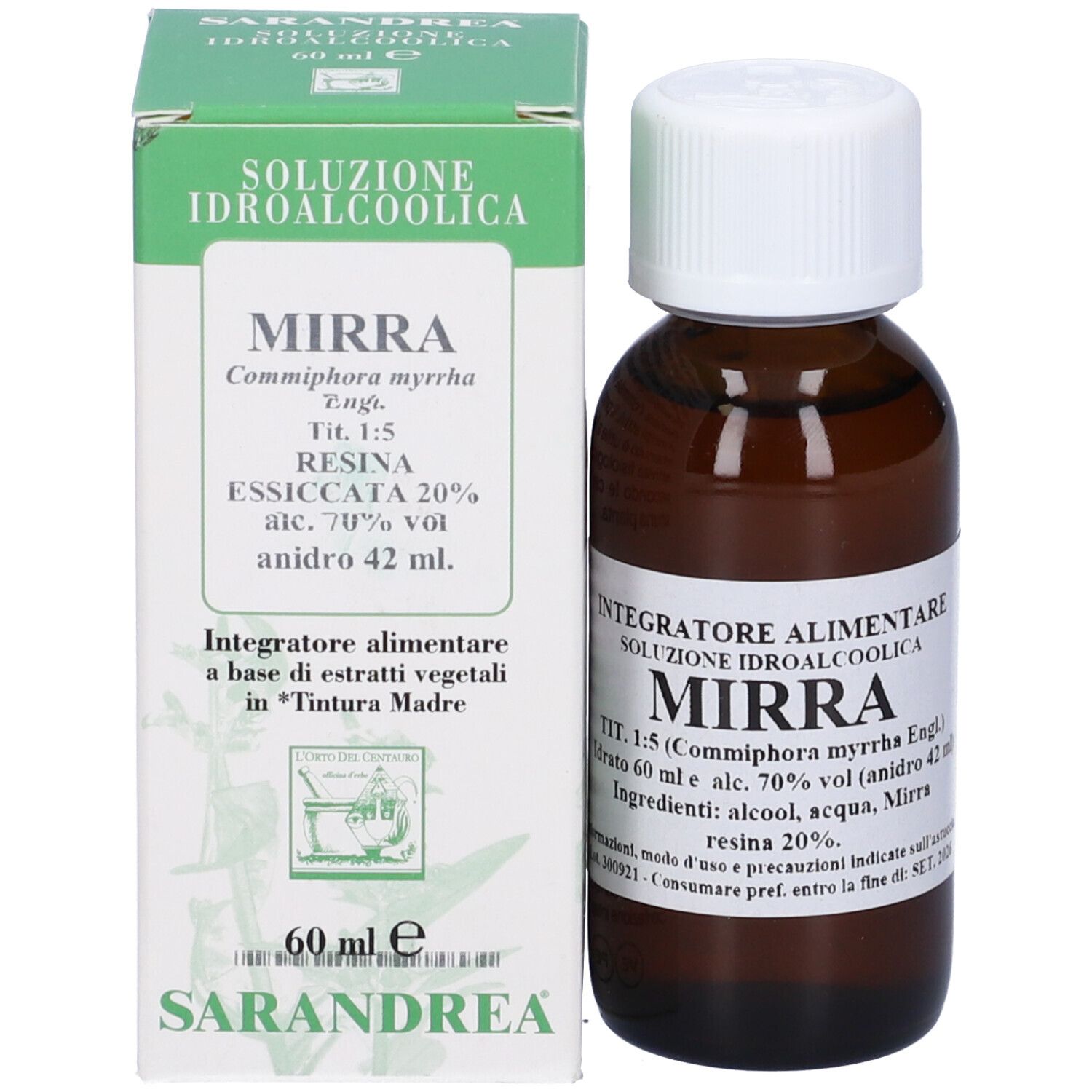 Flacone di vetro marrone con tappo bianco e scatola verde. Sulla scatola c'è scritto 'Mirra'.