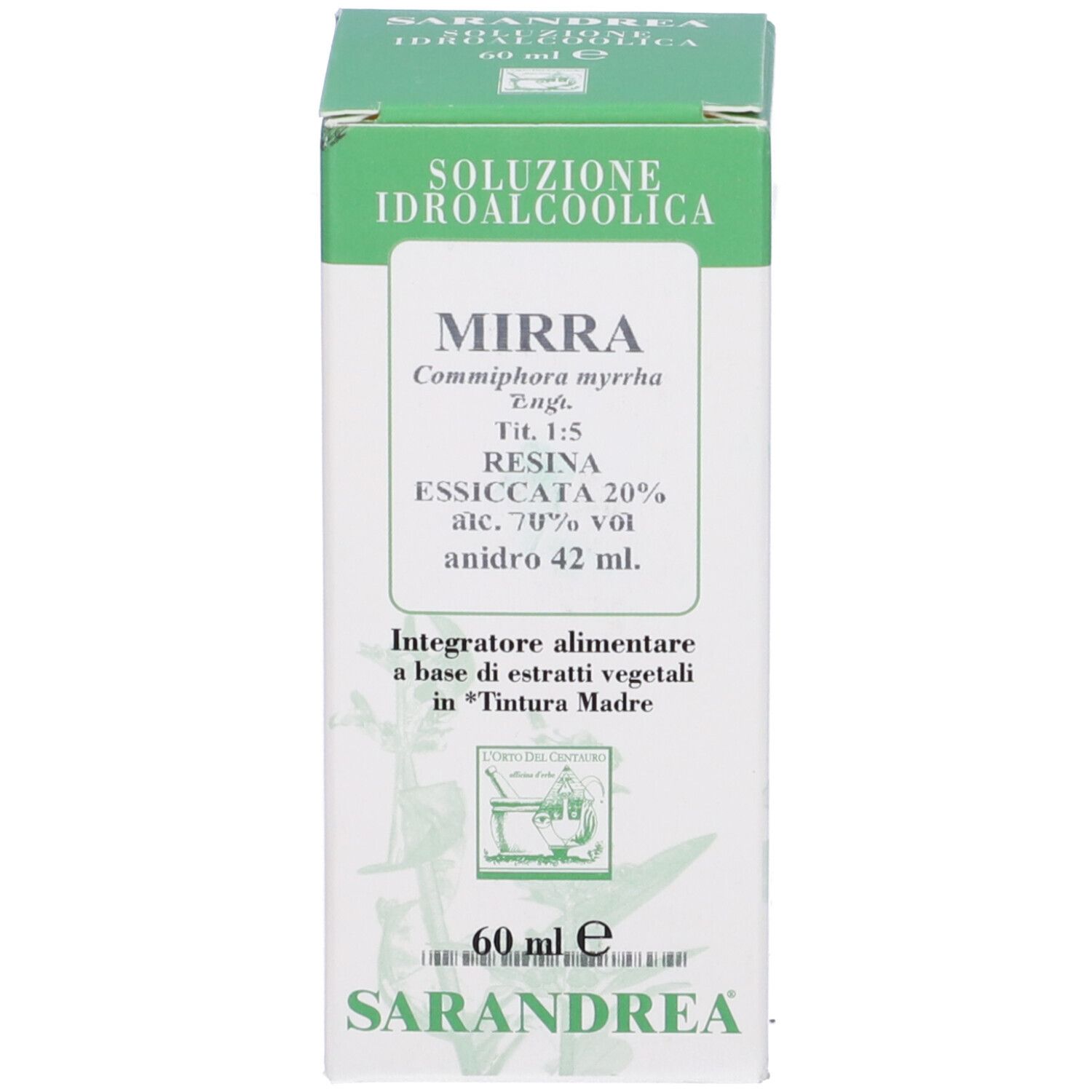 Scatola verde con la scritta 'Mirra'.