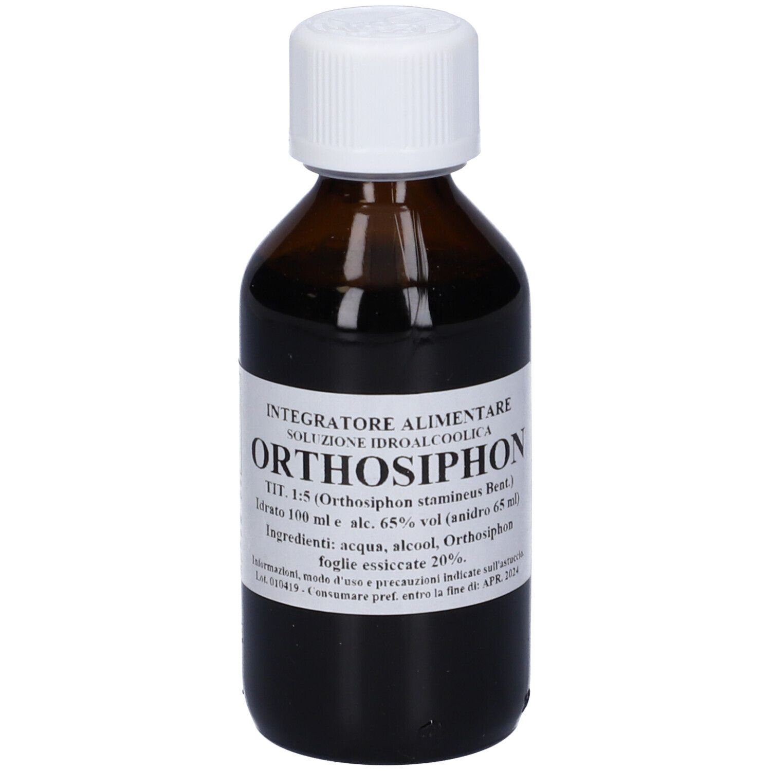 Flacone di vetro marrone con tappo bianco. Sull'etichetta è scritto "ORTHOSIPHON".