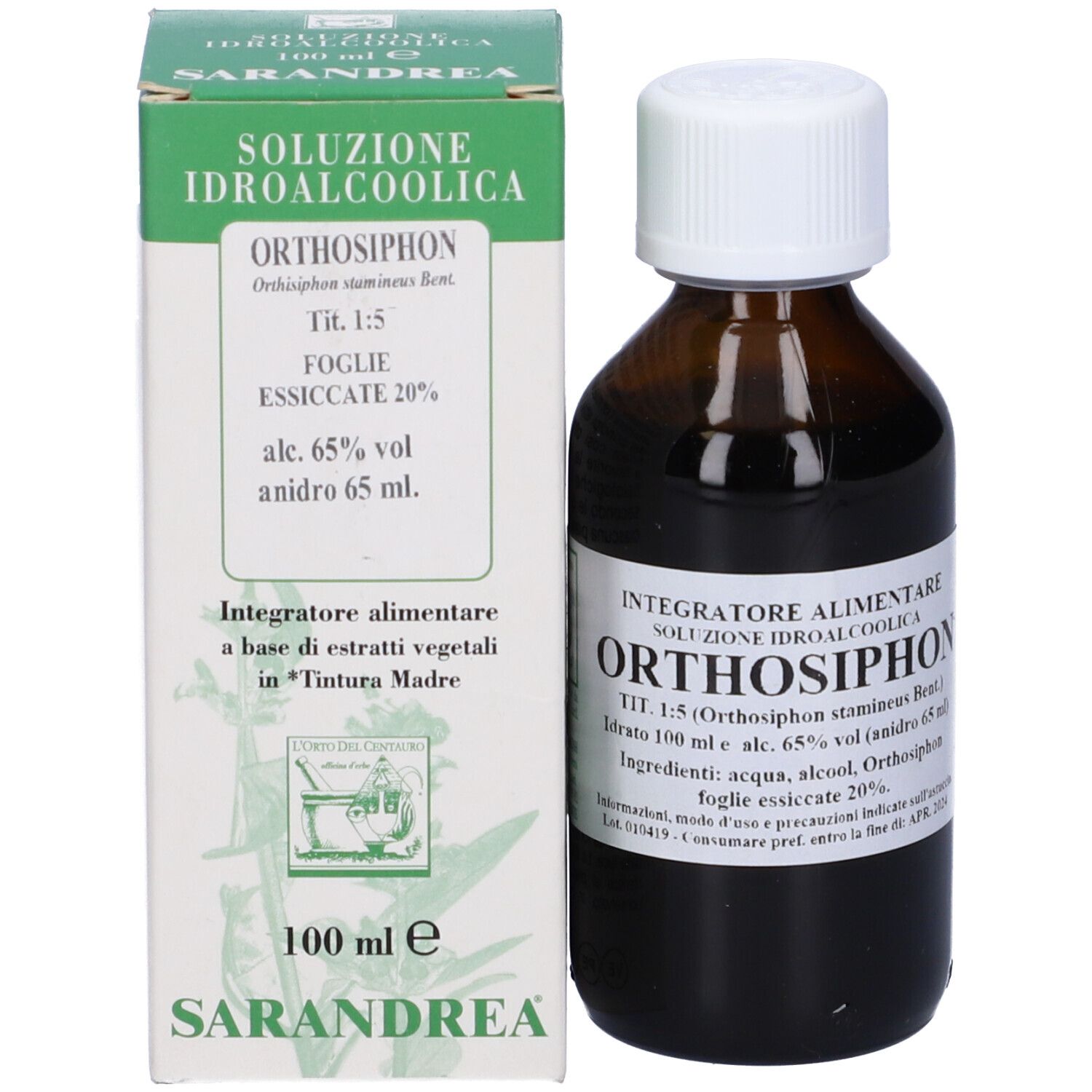 Flacone di vetro marrone con tappo bianco e scatola rettangolare. Sulla scatola è scritto "ORTHOSIPHON" e "SARANDREA".