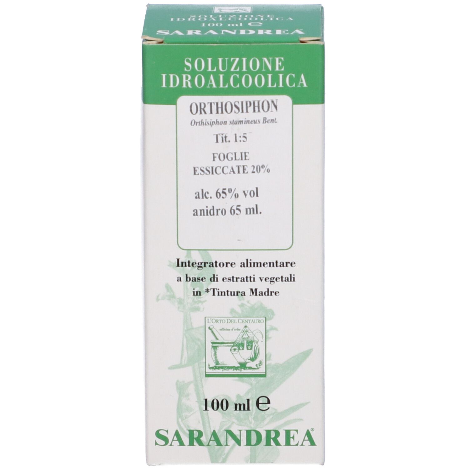 Scatola rettangolare con le scritte "ORTHOSIPHON" e "SARANDREA".