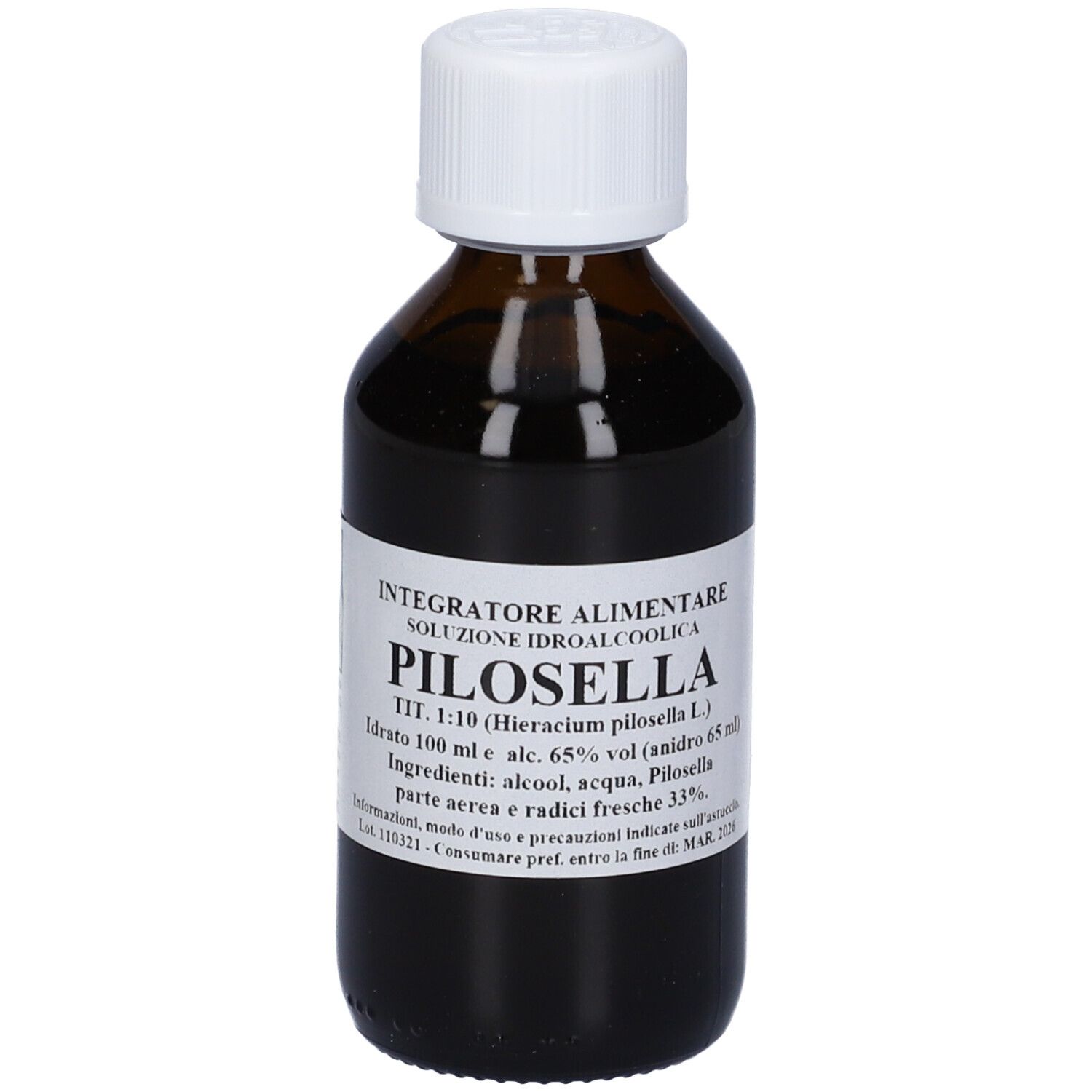 Flacone di vetro marrone con tappo bianco ed etichetta. L'etichetta riporta 'Pilosella'.