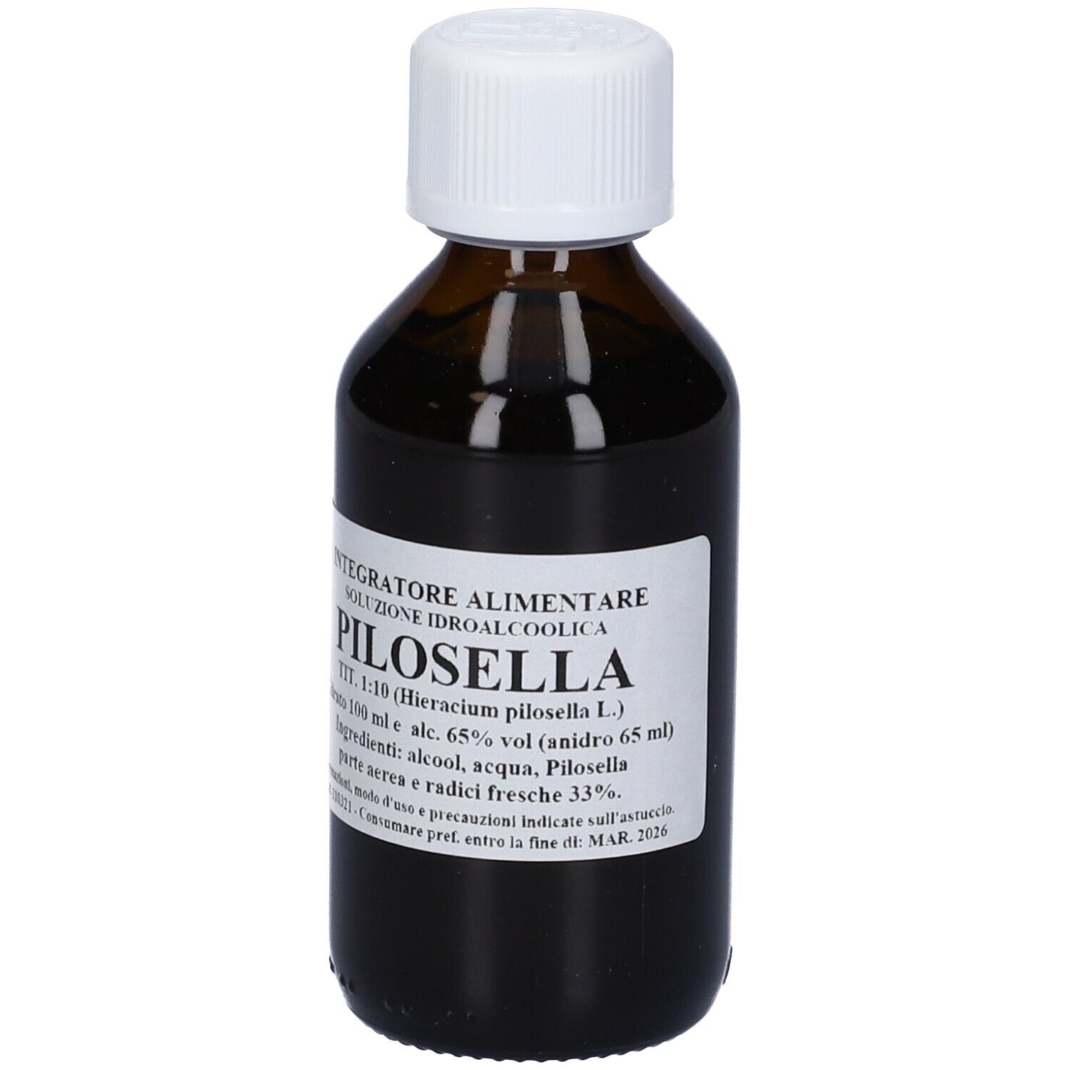 Flacone di vetro marrone con tappo bianco ed etichetta. L'etichetta riporta 'Pilosella'.