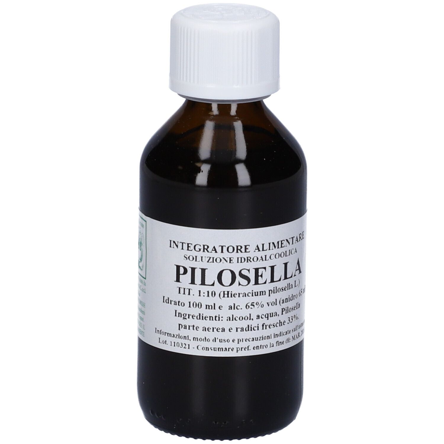 Flacone di vetro marrone con tappo bianco ed etichetta. L'etichetta riporta 'Pilosella'.