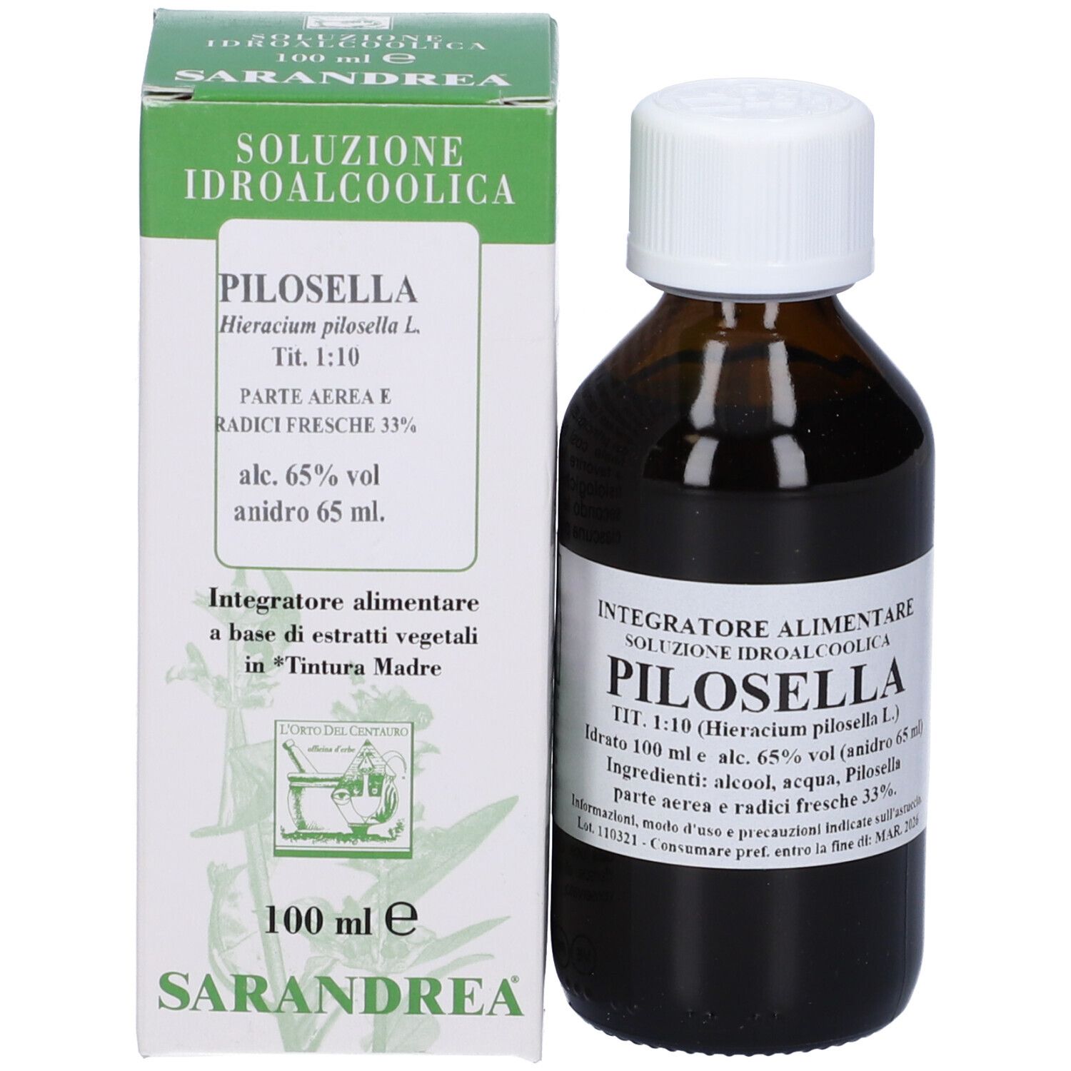 Flacone di vetro marrone con tappo bianco ed etichetta, accanto a una scatola. L'etichetta riporta 'Pilosella'.