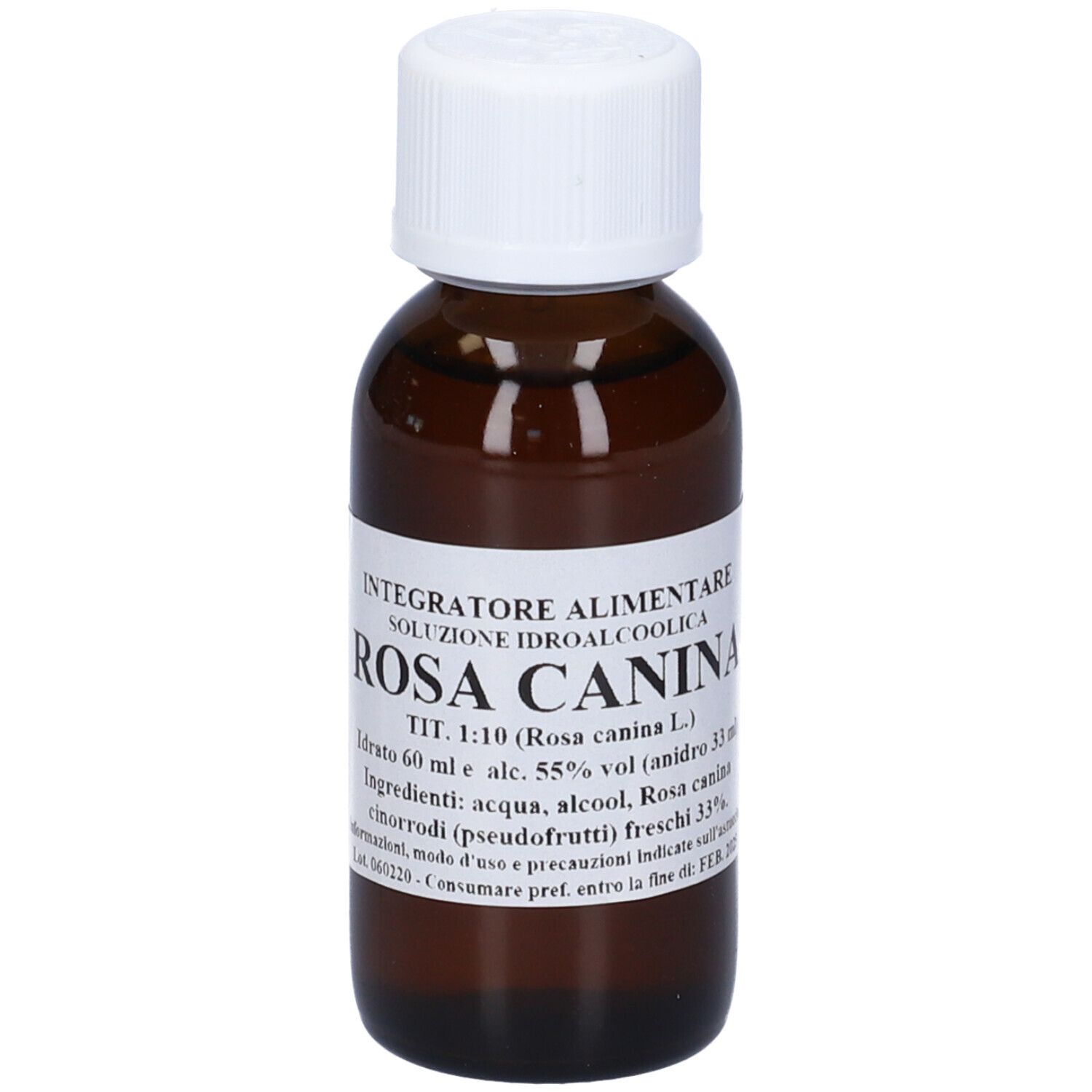 Flacone di vetro marrone con tappo bianco. Etichetta con testo: Rosa Canina, soluzione, 60 ml.