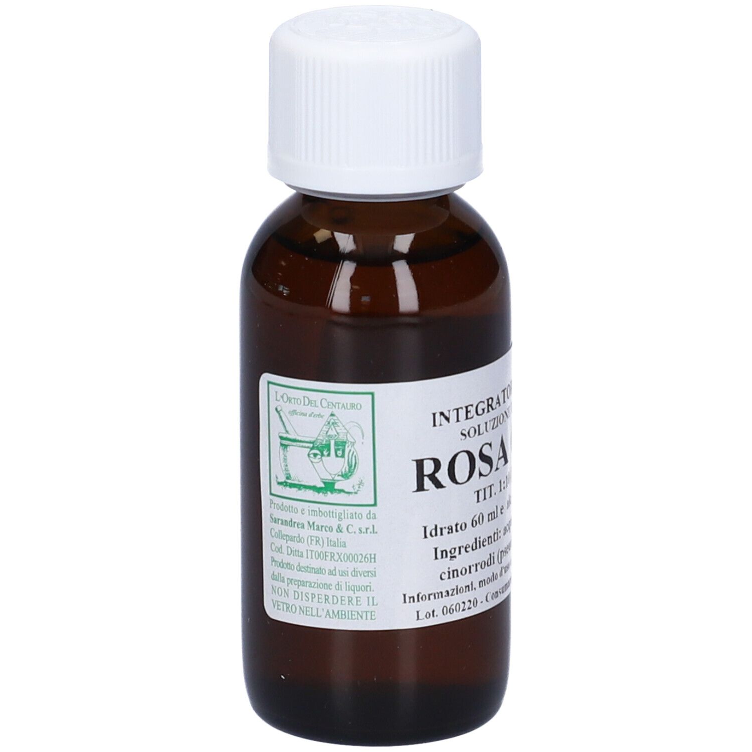 Flacone di vetro marrone con tappo bianco. Etichetta con testo: Rosa Canina, soluzione, 60 ml. Logo.