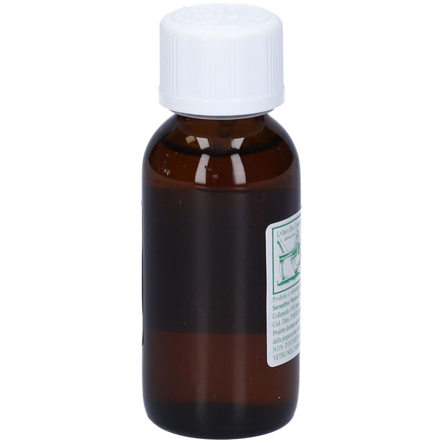 Flacone di vetro marrone con tappo bianco. Etichetta con testo: Rosa Canina, soluzione, 60 ml. Logo.