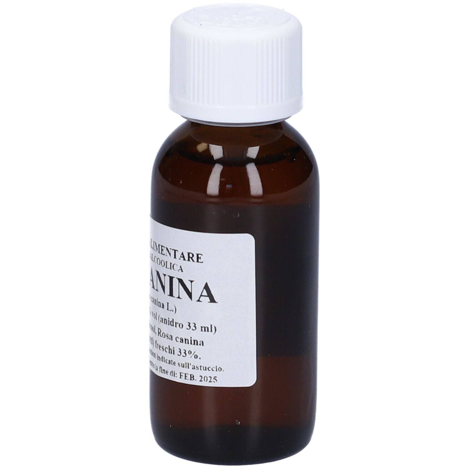 Flacone di vetro marrone con tappo bianco. Etichetta con testo: Rosa Canina, soluzione, 60 ml.