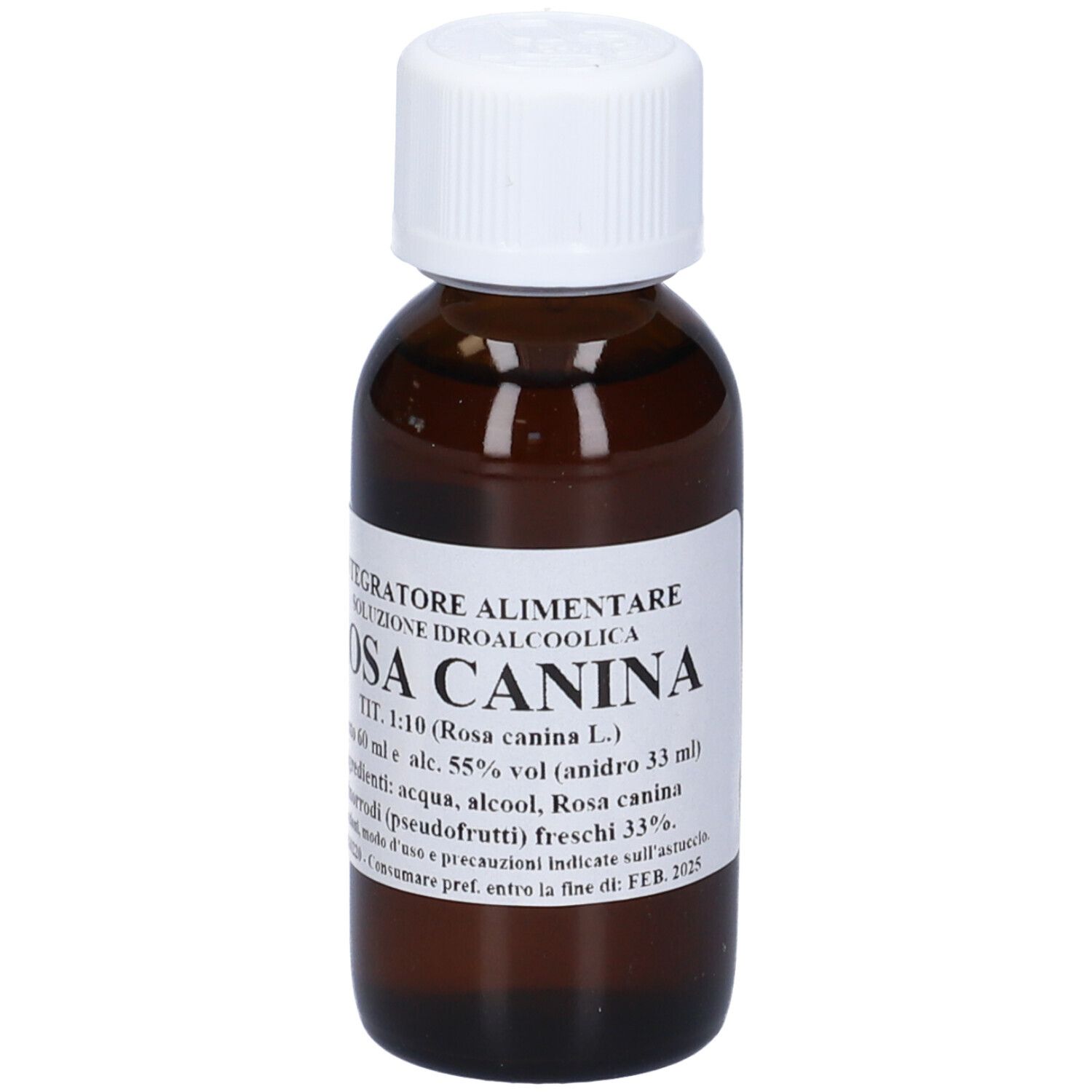 Flacone di vetro marrone con tappo bianco. Etichetta con testo: Rosa Canina, soluzione, 60 ml.