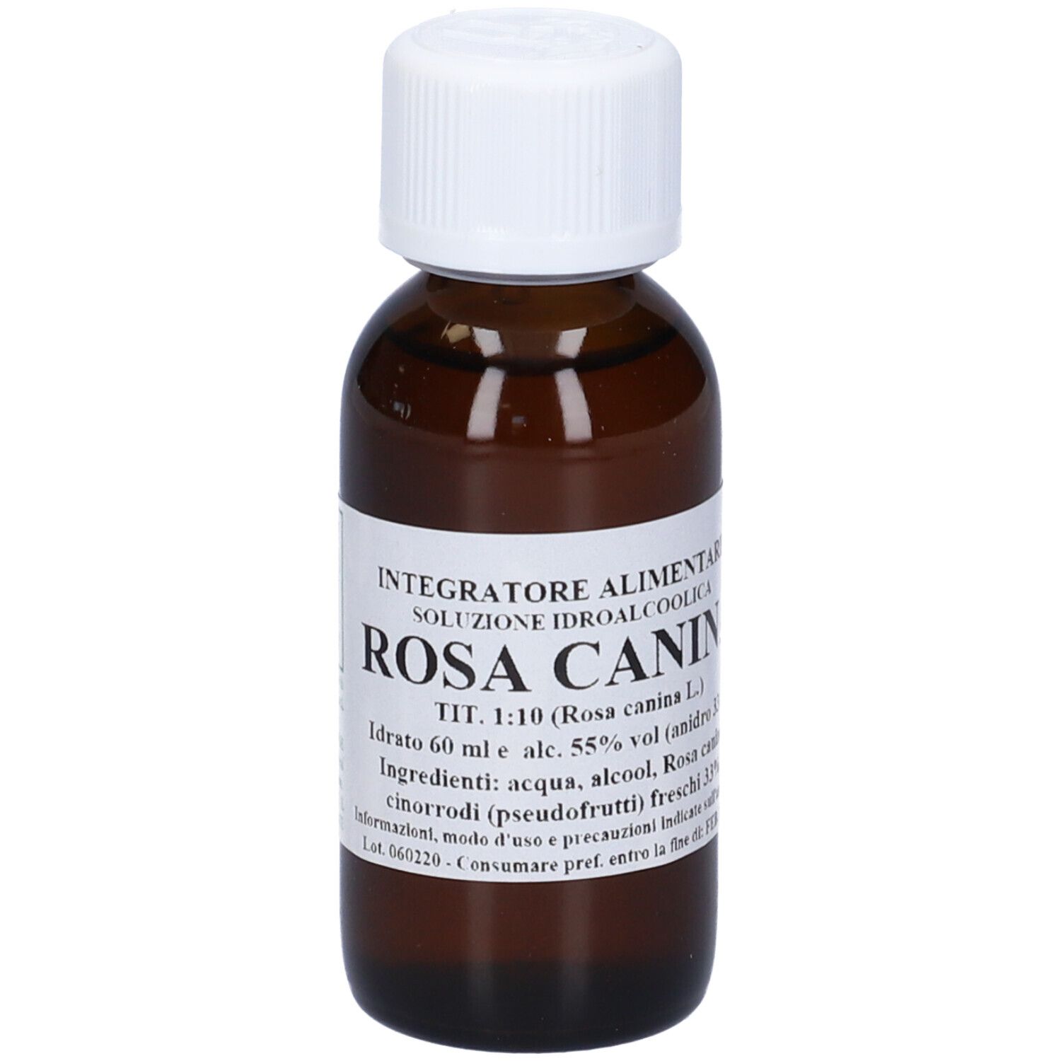 Flacone di vetro marrone con tappo bianco. Etichetta con testo: Rosa Canina, soluzione, 60 ml.