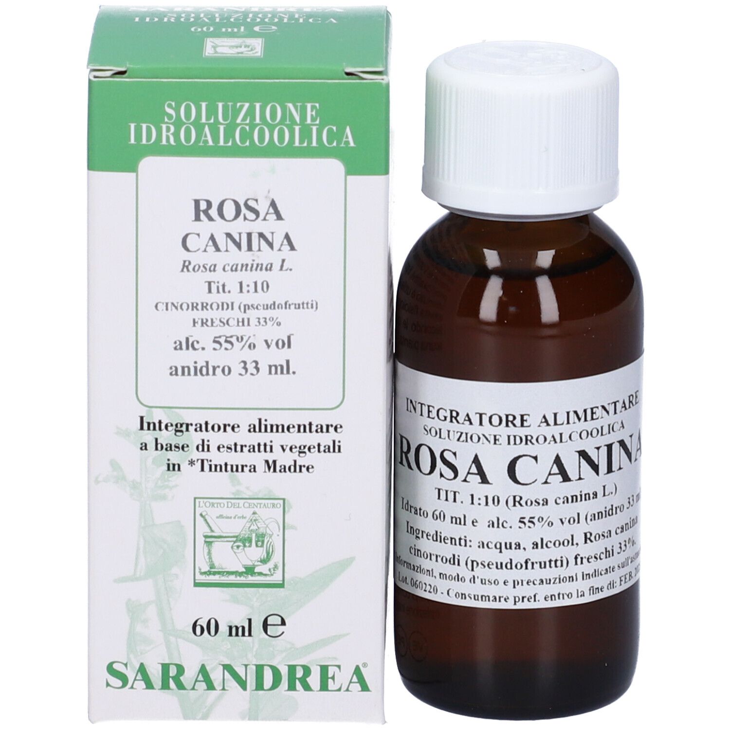 Flacone di vetro marrone con tappo bianco e scatola. Scatola con testo: Rosa Canina, 60 ml, Sarandrea.