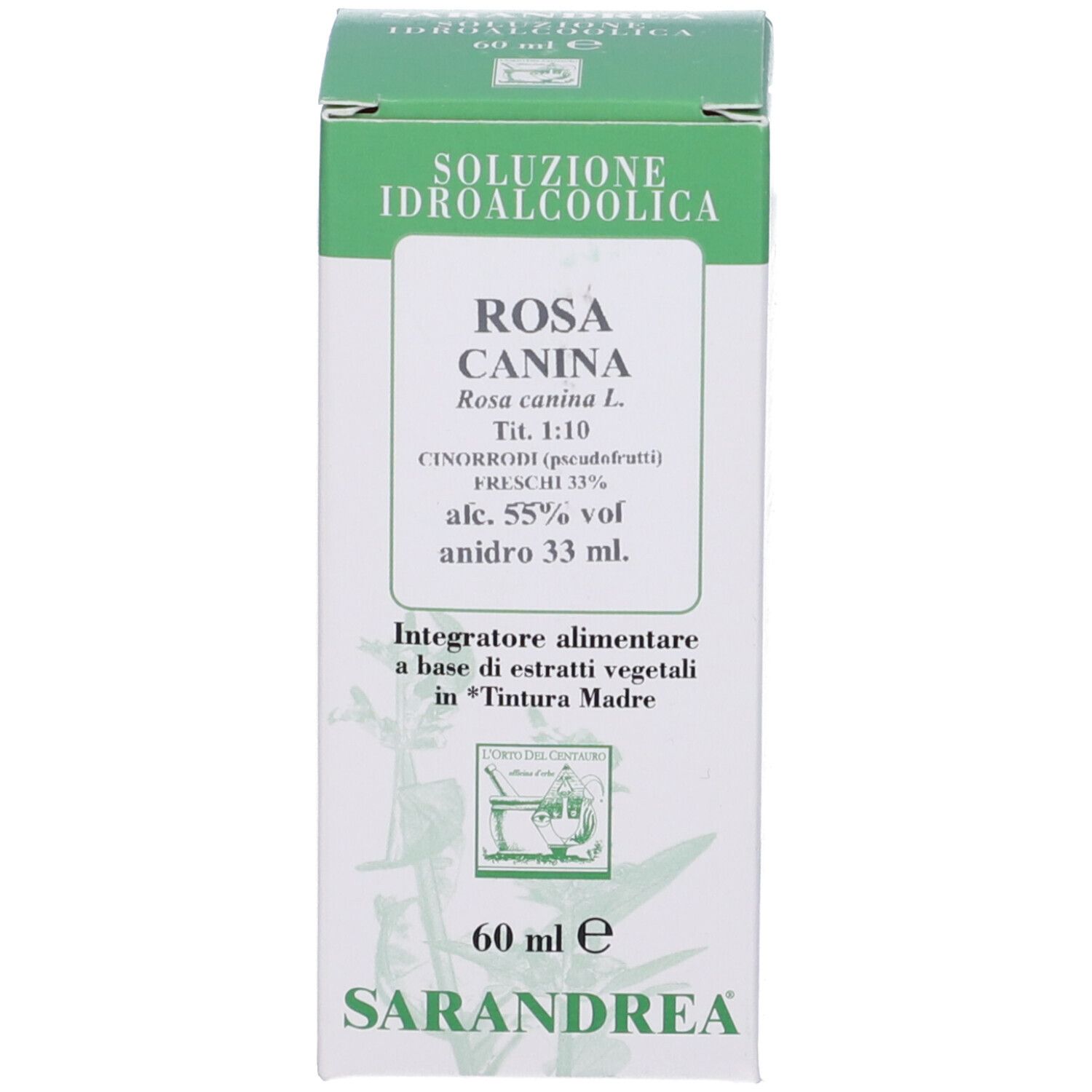 Scatola con testo: Rosa Canina, 60 ml, Sarandrea. Confezione verde e bianca.