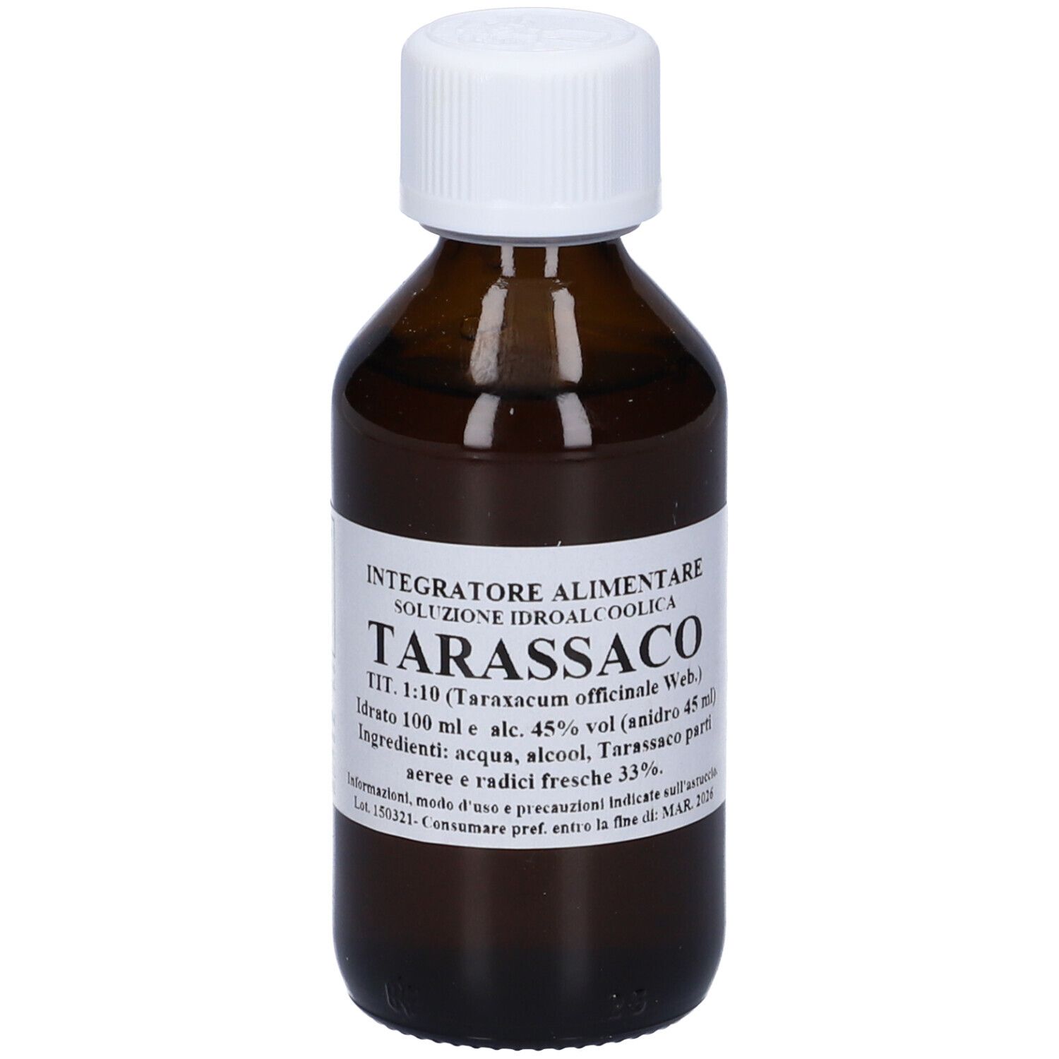 Flacone di vetro marrone con tappo bianco. Etichetta con informazioni sul prodotto. Testo: Tarassaco, Integratore Alimentare.