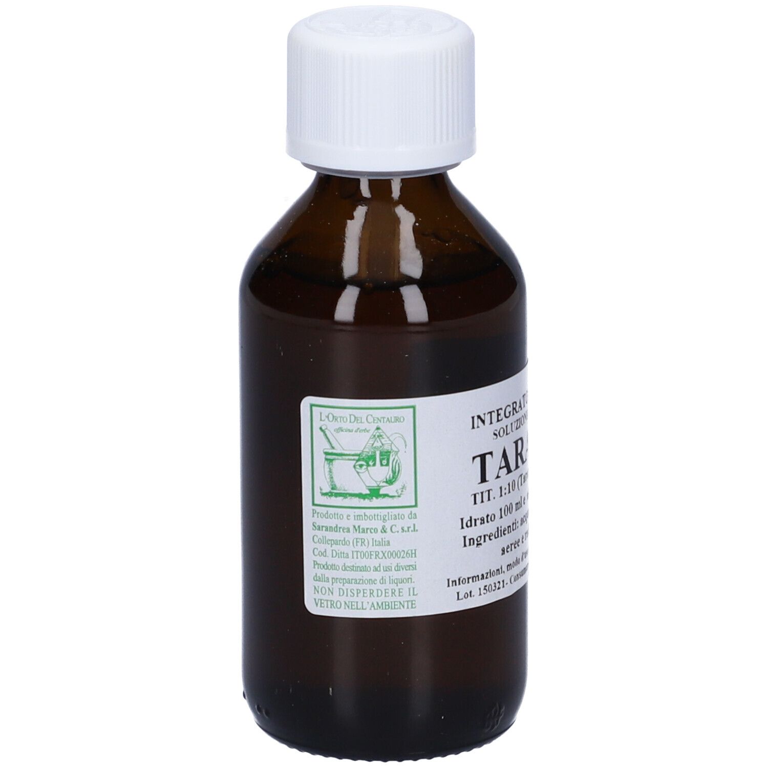 Flacone di vetro marrone con tappo bianco. Etichetta con informazioni sul prodotto. Logo mortaio. Testo: Tarassaco, Integratore Alimentare.