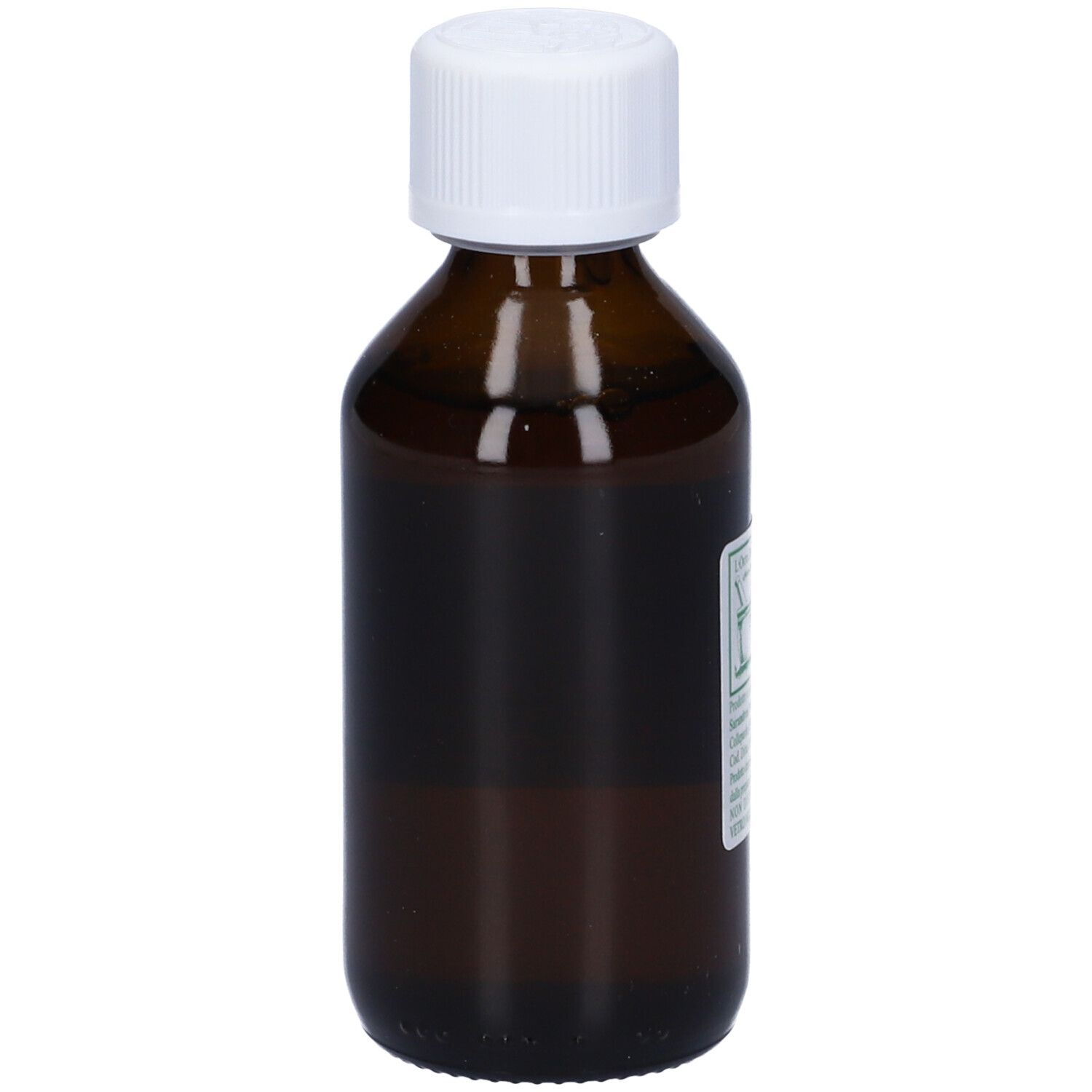 Flacone di vetro marrone con tappo bianco. Etichetta con informazioni sul prodotto. Testo: Tarassaco, Integratore Alimentare.