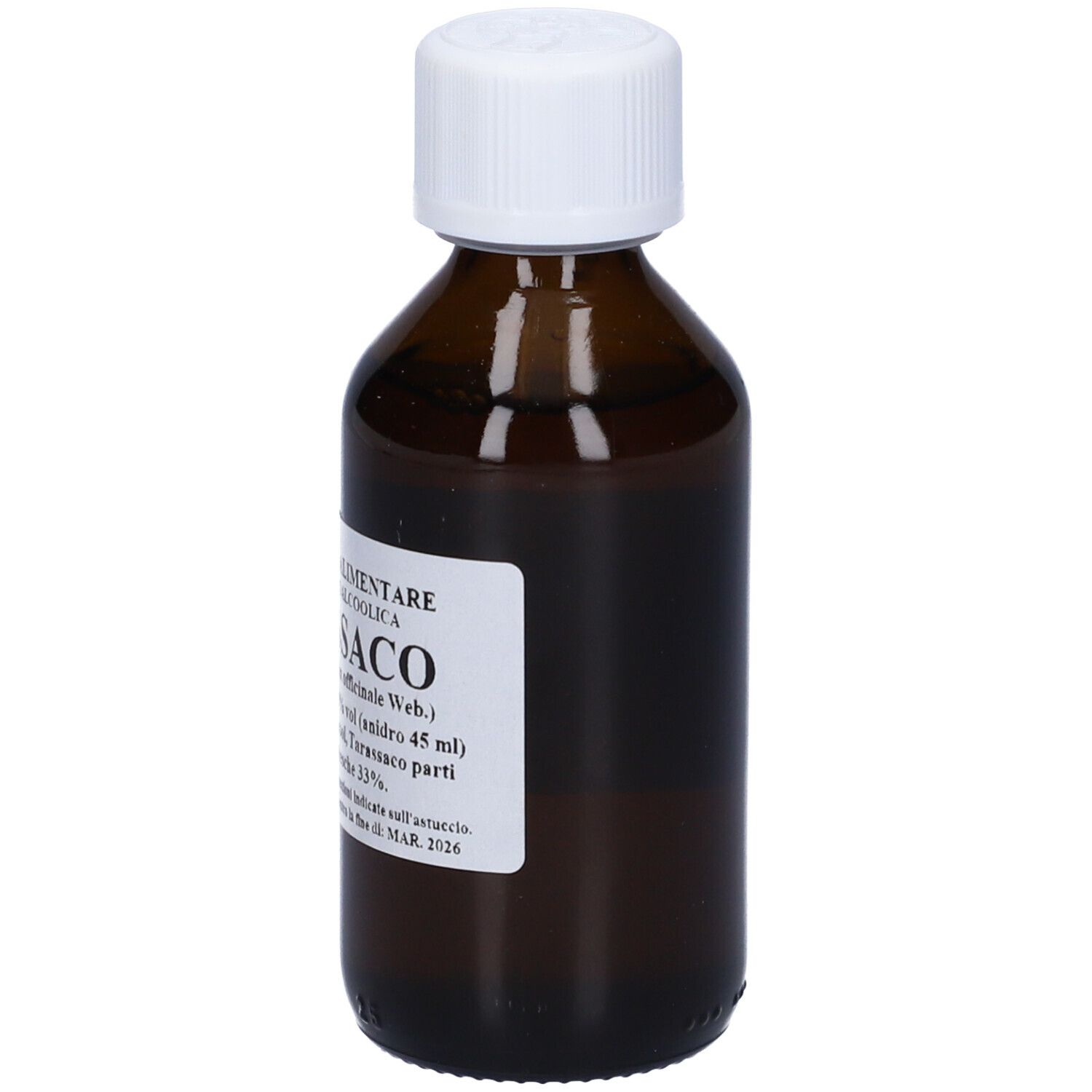 Flacone di vetro marrone con tappo bianco. Etichetta con informazioni sul prodotto. Testo: Tarassaco, Integratore Alimentare.
