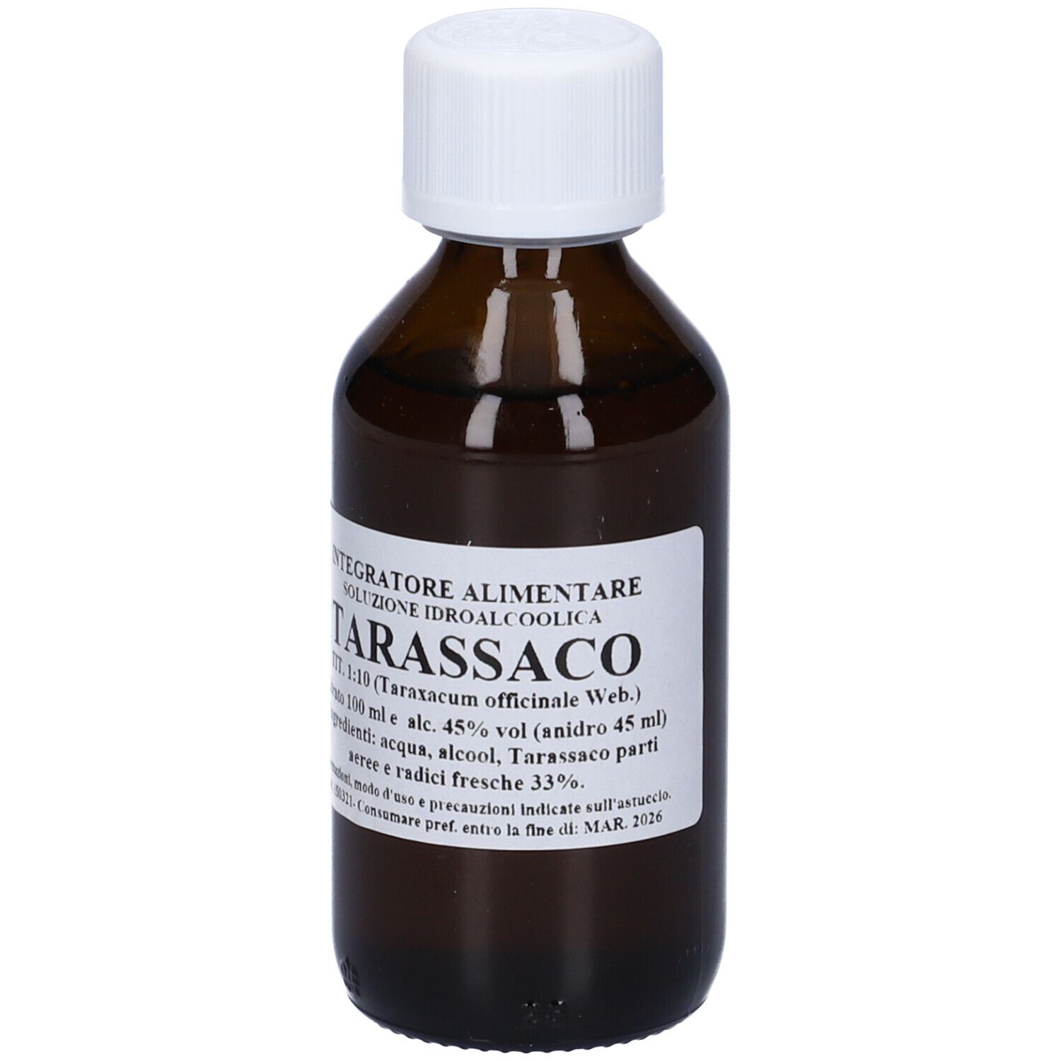 Flacone di vetro marrone con tappo bianco. Etichetta con informazioni sul prodotto. Testo: Tarassaco, Integratore Alimentare.
