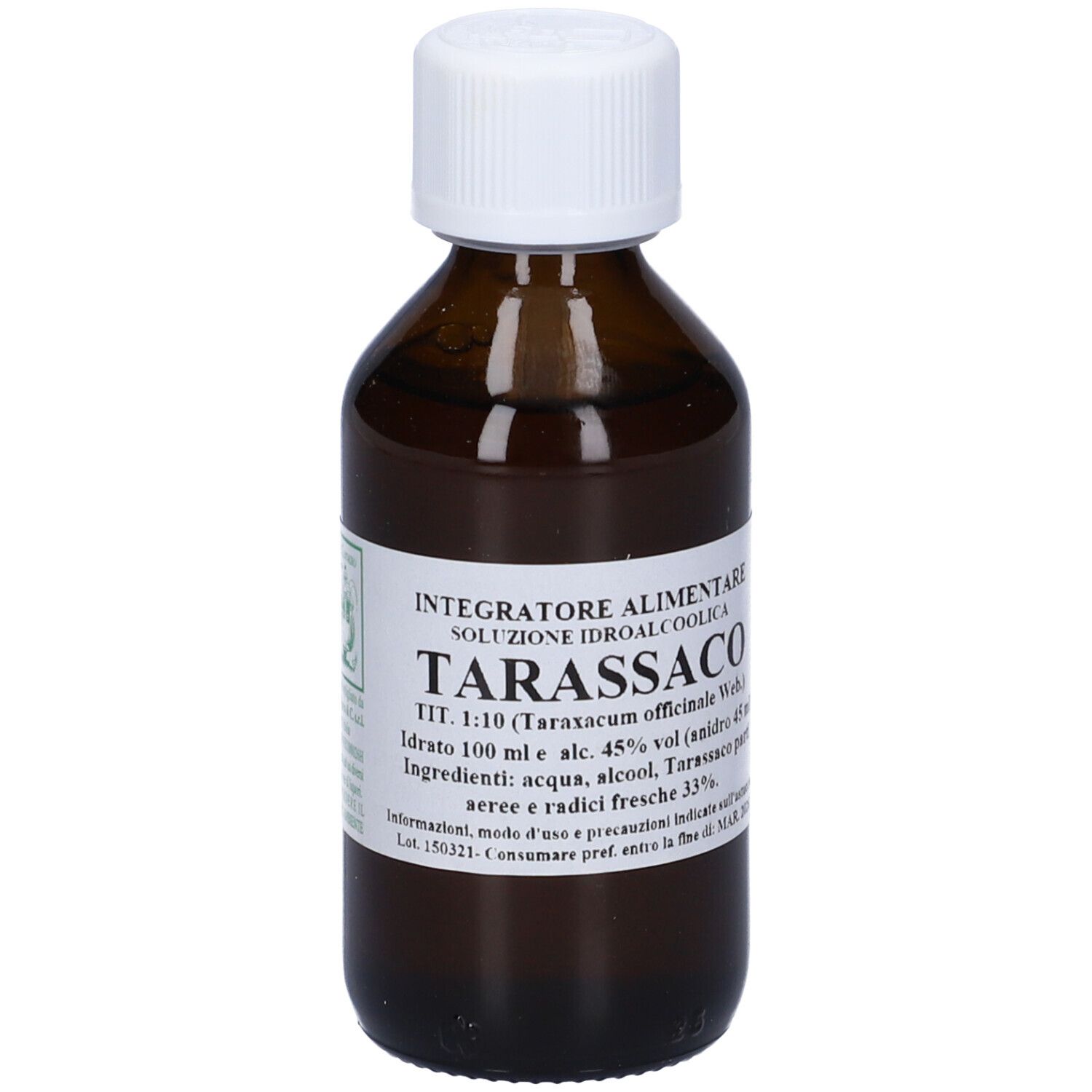 Flacone di vetro marrone con tappo bianco. Etichetta con informazioni sul prodotto. Testo: Tarassaco, Integratore Alimentare.