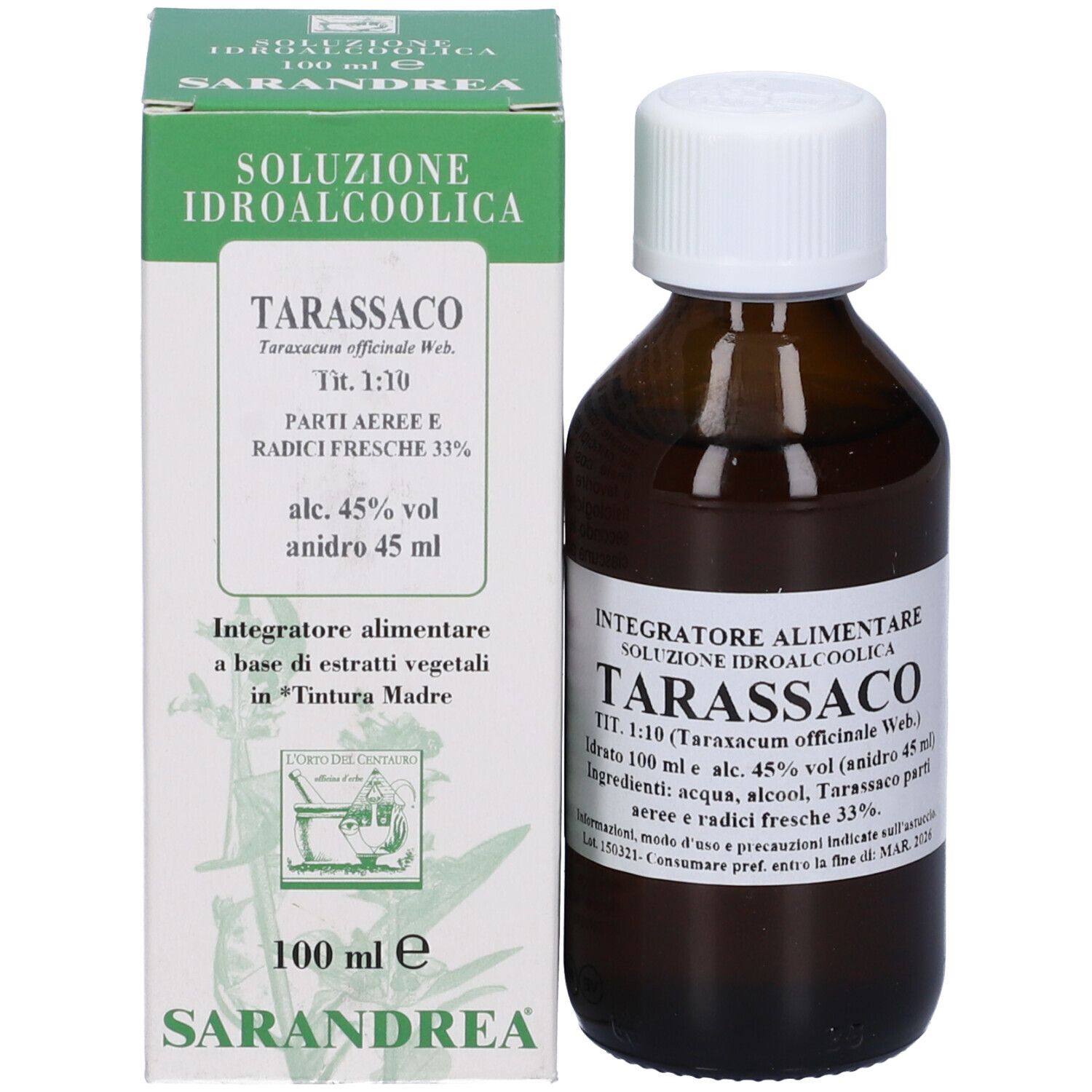 Flacone e confezione. Flacone: vetro marrone, tappo bianco. Confezione: verde-bianco, testo: Tarassaco, Sarandrea.