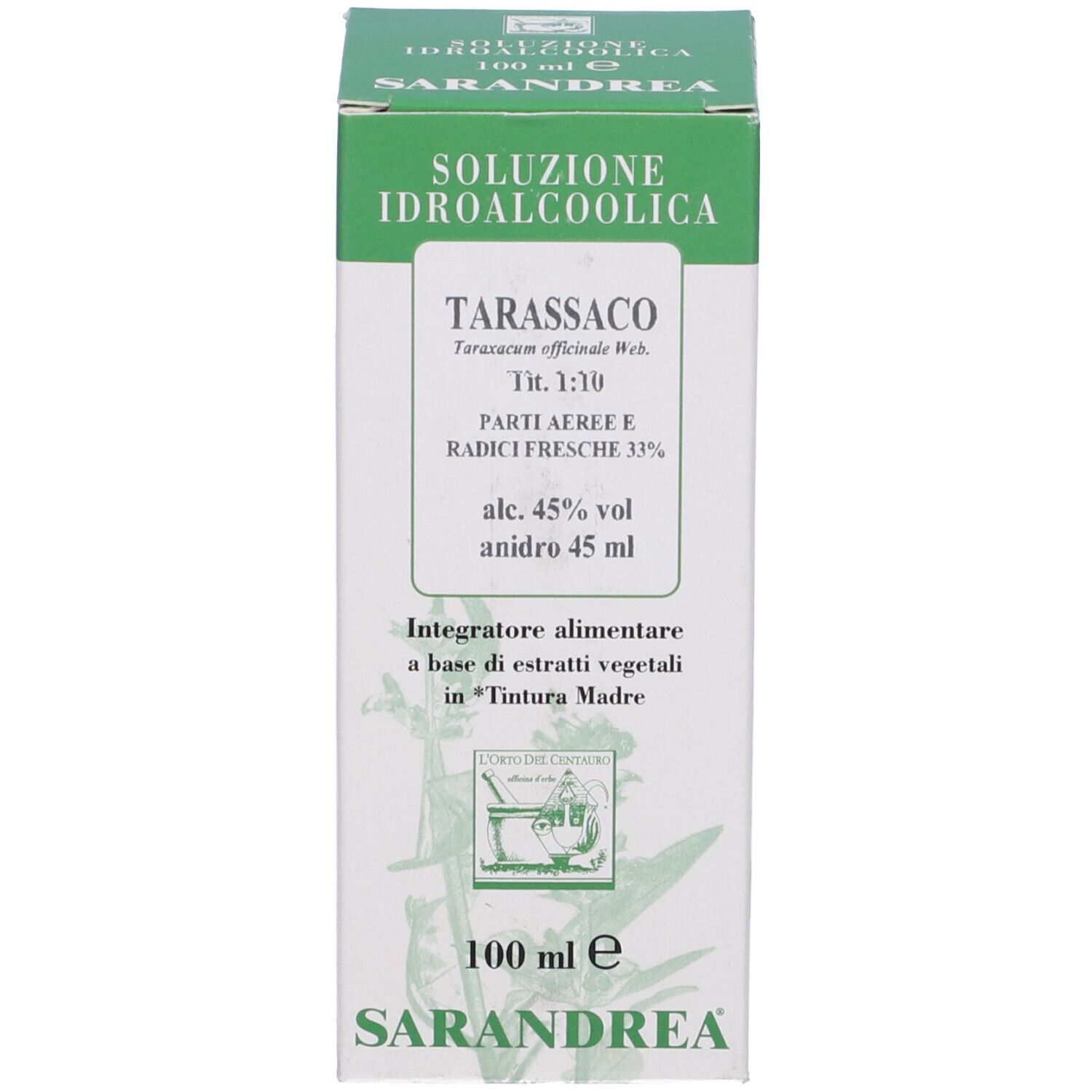 Confezione prodotto verde e bianca. Testo: Tarassaco, Integratore Alimentare, Sarandrea. 100 ml.