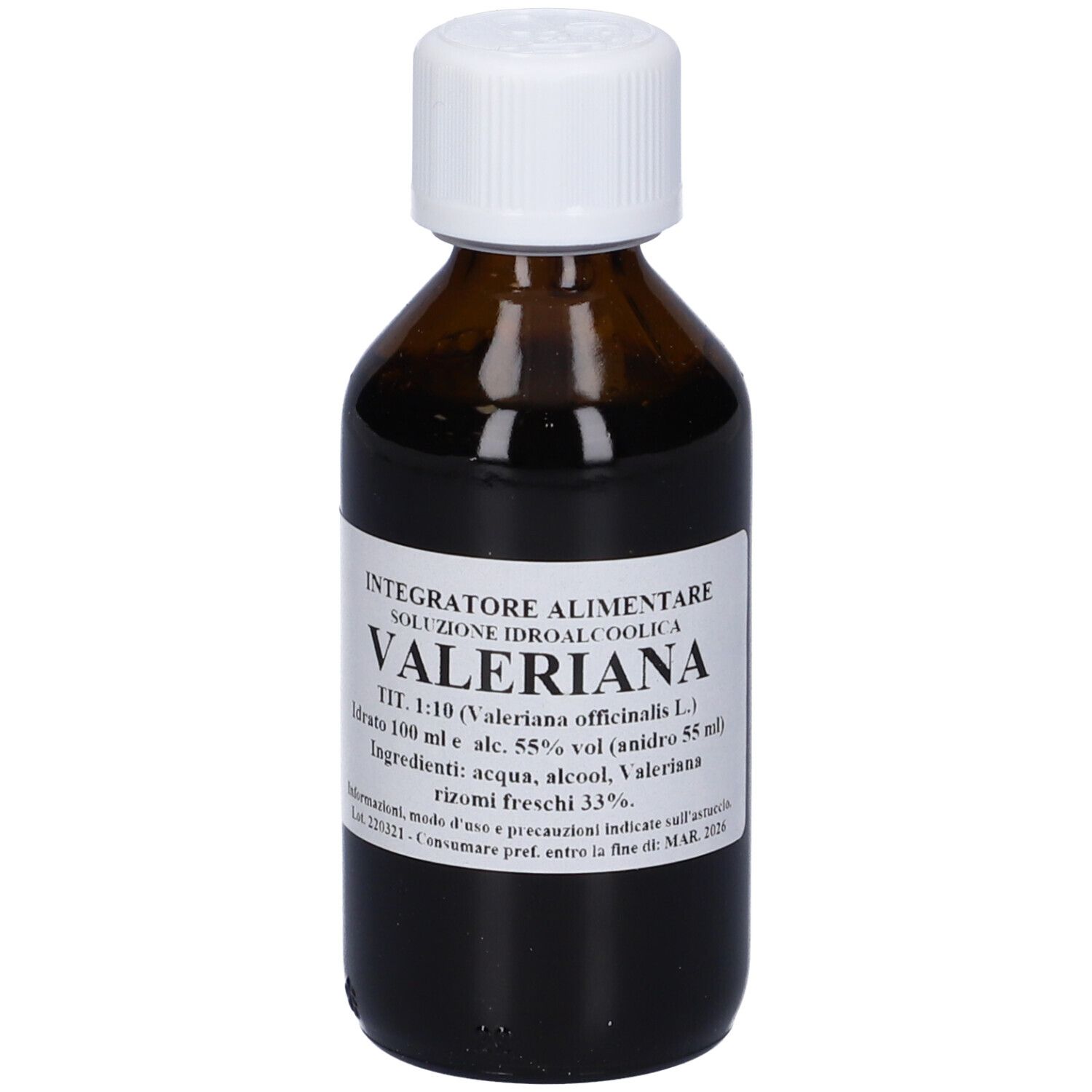 Flacone di vetro marrone con tappo bianco. Scritta: Valeriana, Integratore Alimentare, 1:10.