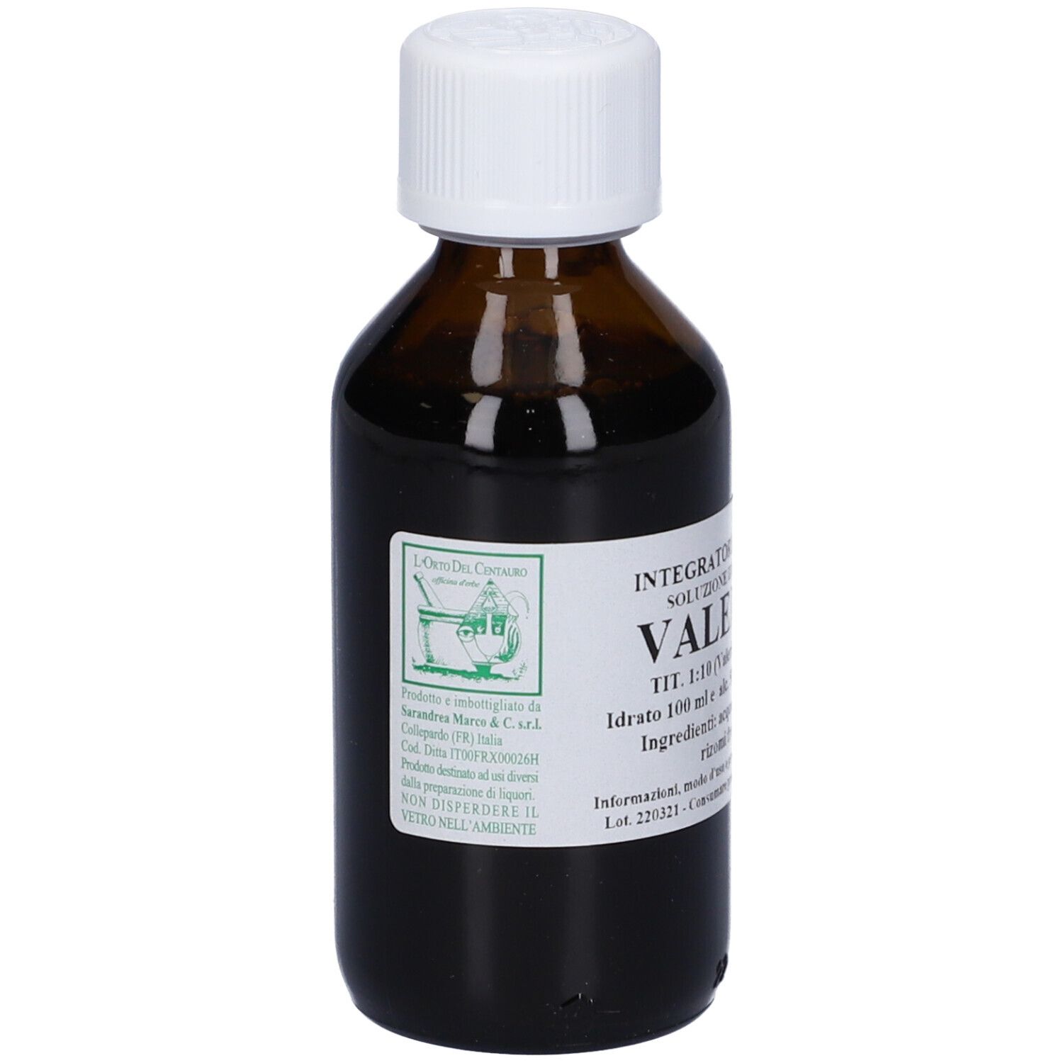 Flacone di vetro marrone con tappo bianco. Scritta: Valeriana, Integratore Alimentare, 1:10.