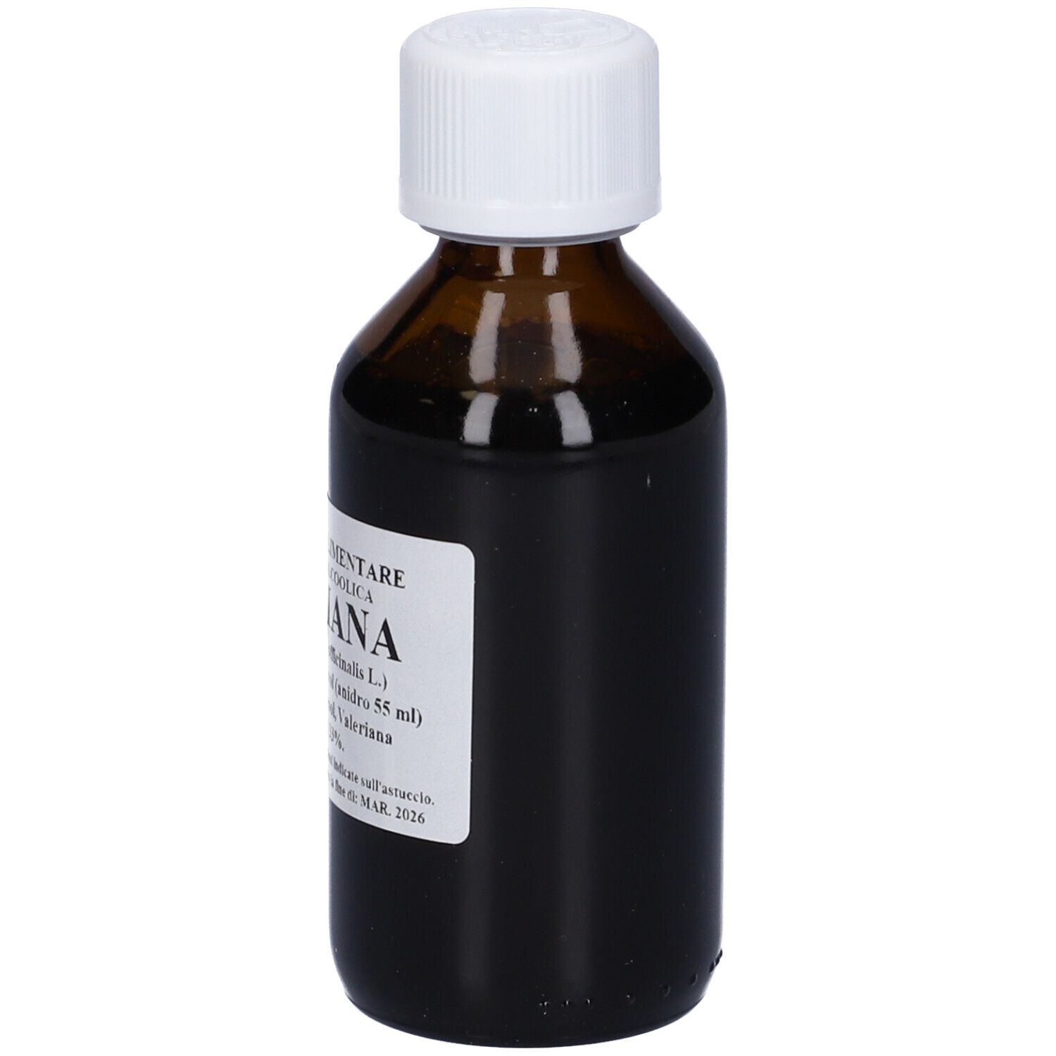 Flacone di vetro marrone con tappo bianco. Scritta: Valeriana, Integratore Alimentare, 1:10.