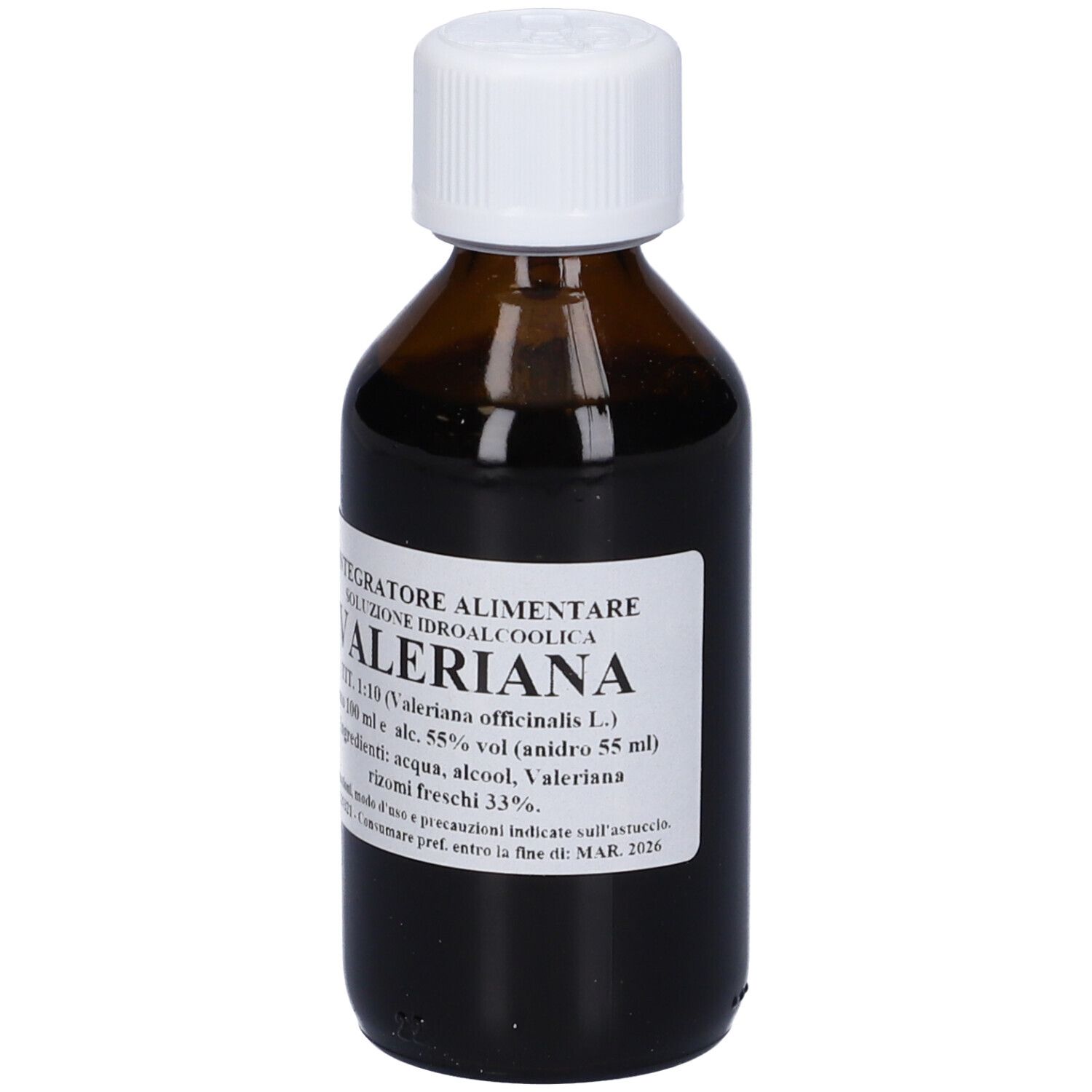 Flacone di vetro marrone con tappo bianco. Scritta: Valeriana, Integratore Alimentare, 1:10.