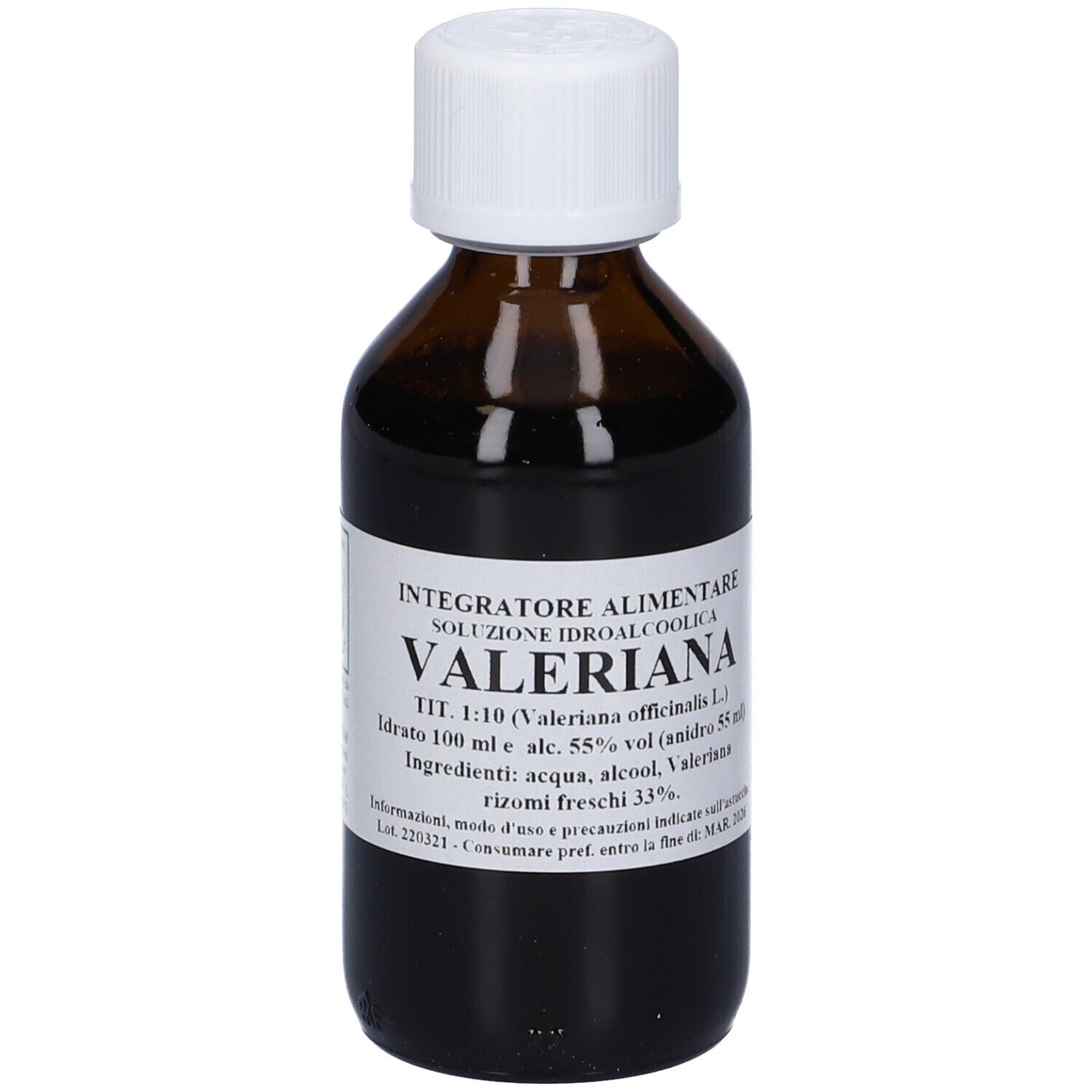 Flacone di vetro marrone con tappo bianco. Scritta: Valeriana, Integratore Alimentare, 1:10.